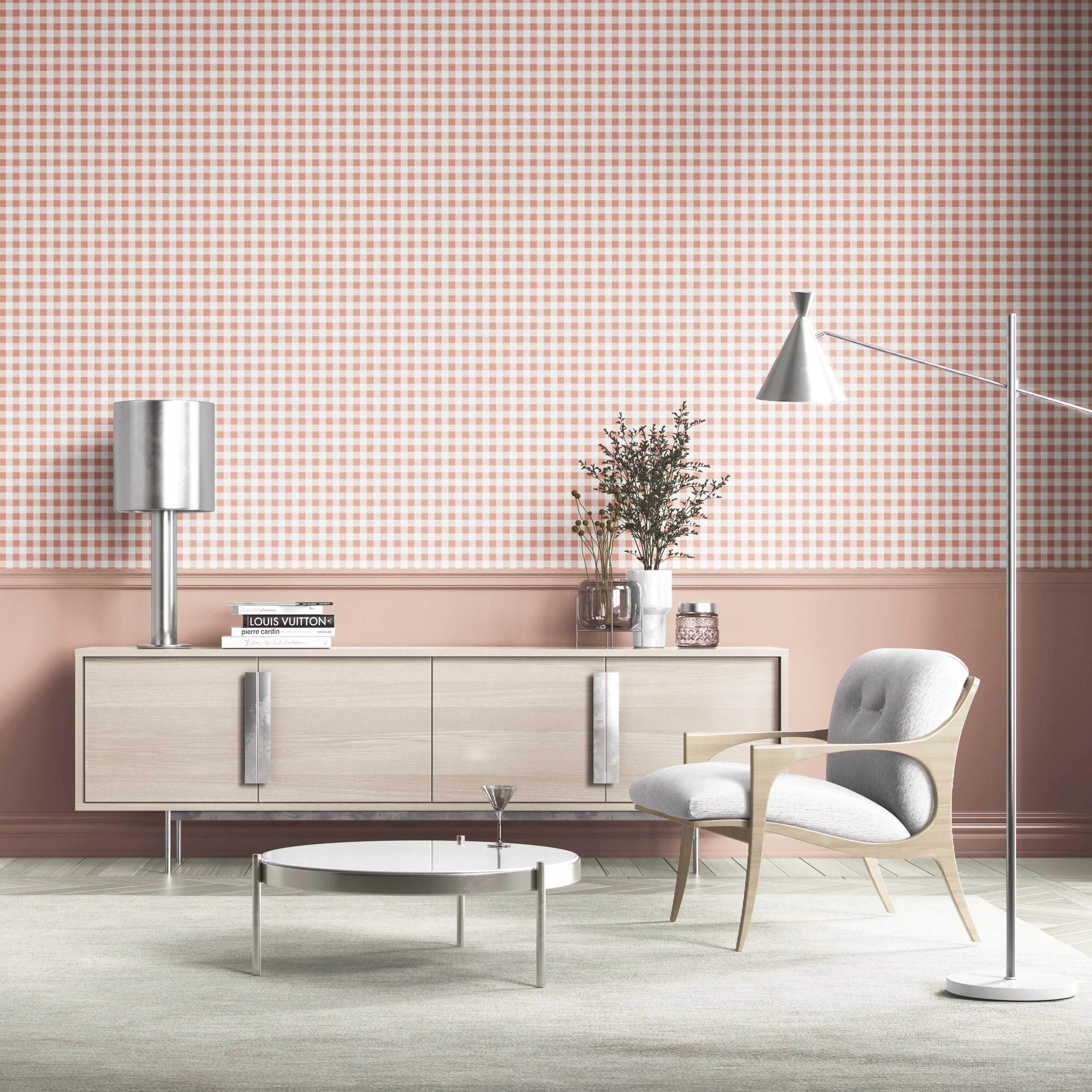 Gingham Checkered Shower Toilet Wallpaper (Blush Pink)