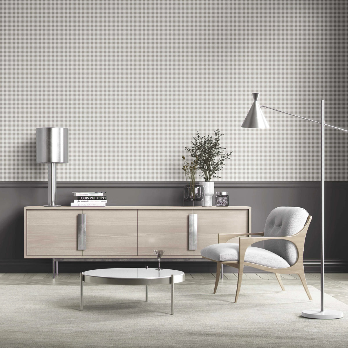 Neutral Gingham Checkered Kitchen Wallpaper Sample (Grey)