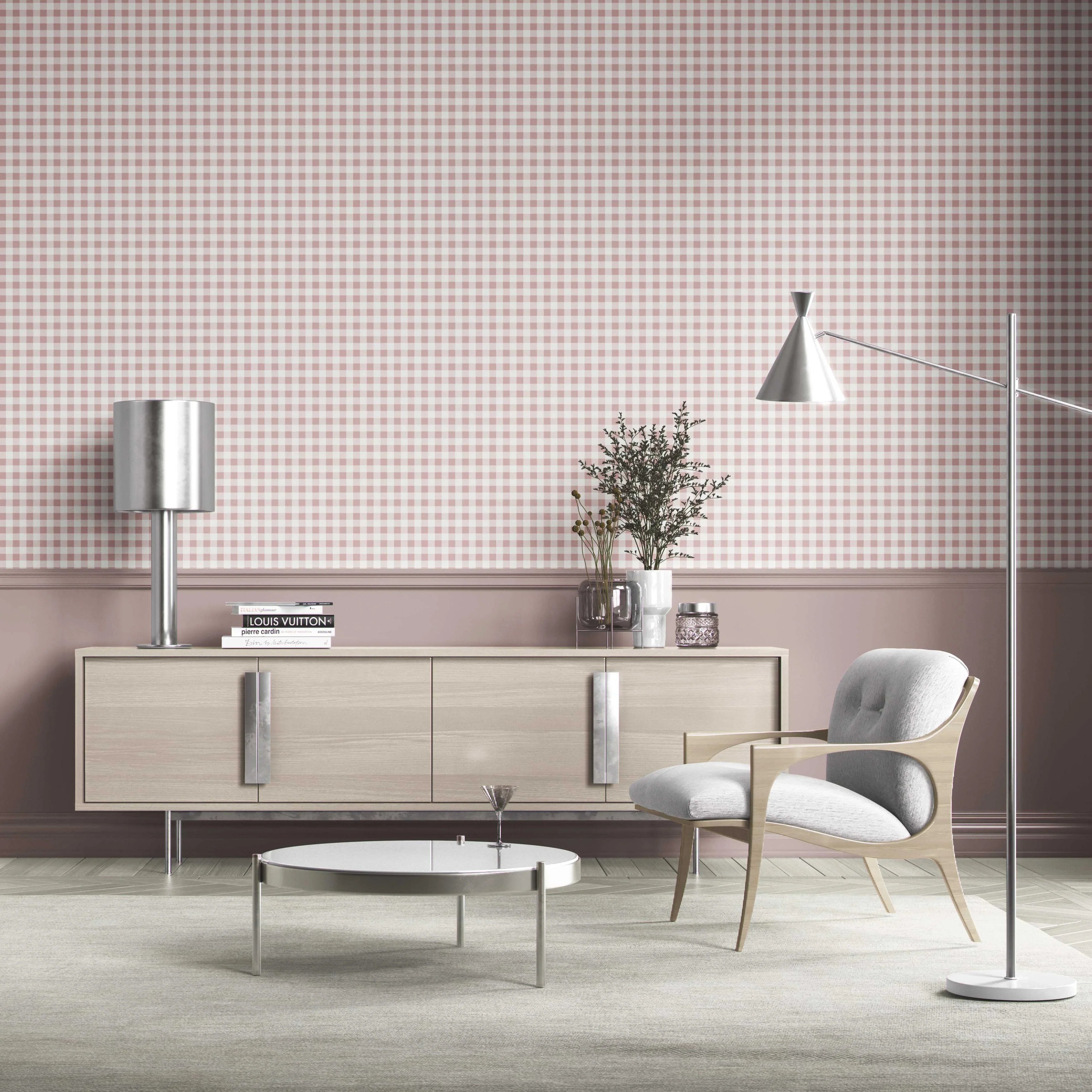 Gingham Checkered Kitchen Wallpaper (Pink)
