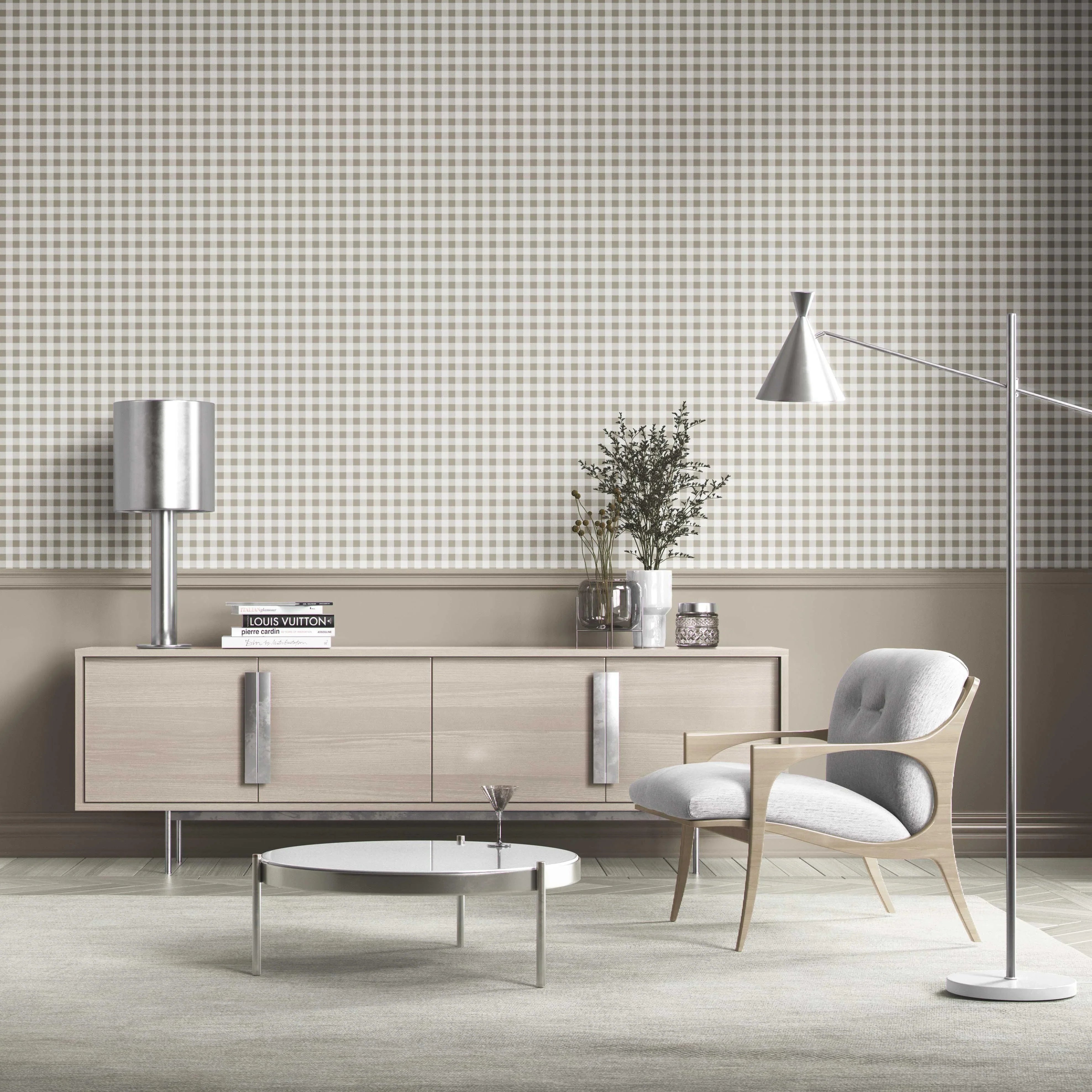 Neutral Gingham Checkered Kitchen Wallpaper Sample (Taupe Grey/ Greige)