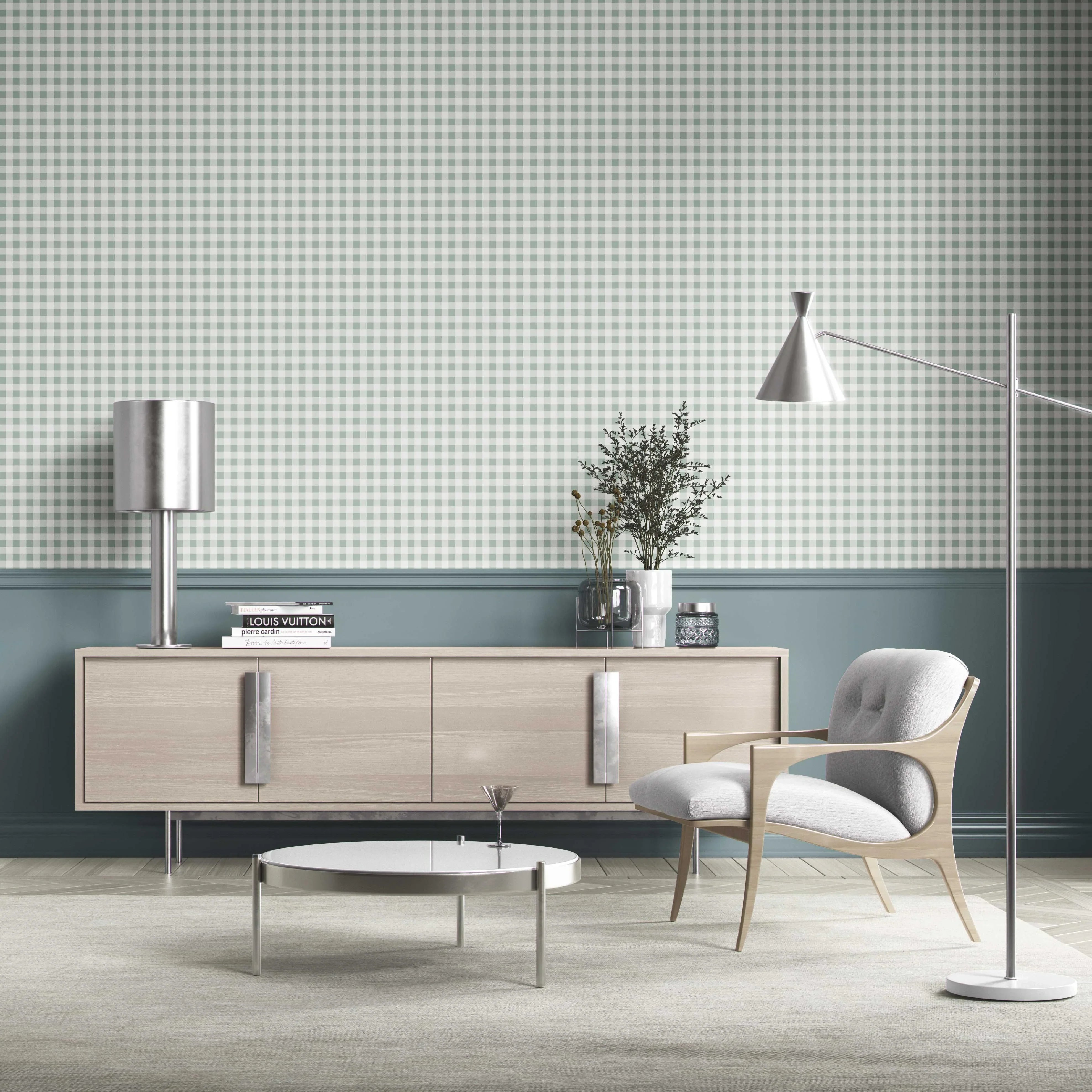 Gingham Checkered Kitchen Wallpaper Sample (Duck Egg Blue)