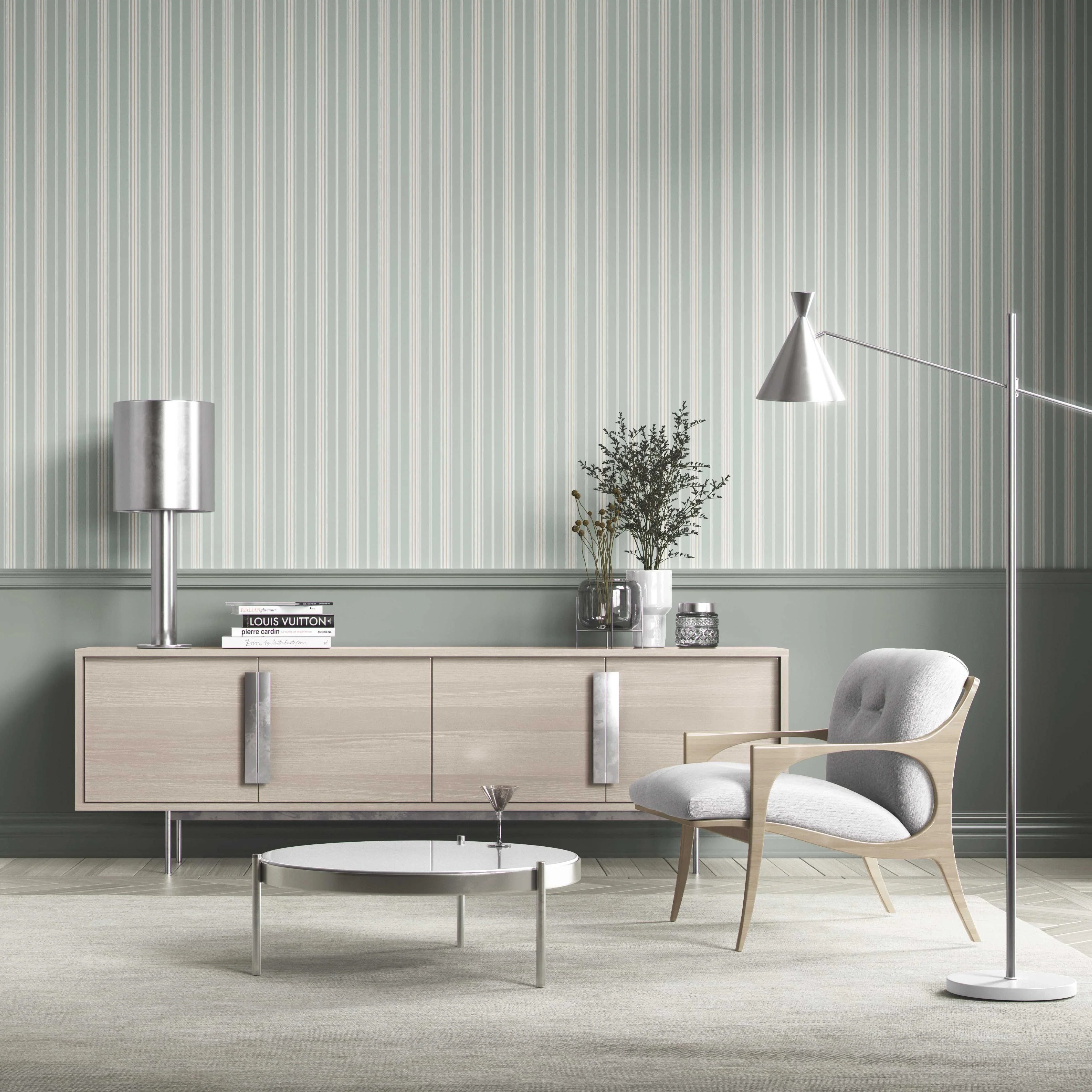 Neutral Geometric Striped Kitchen Wallpaper Sample (Duck Egg Blue)
