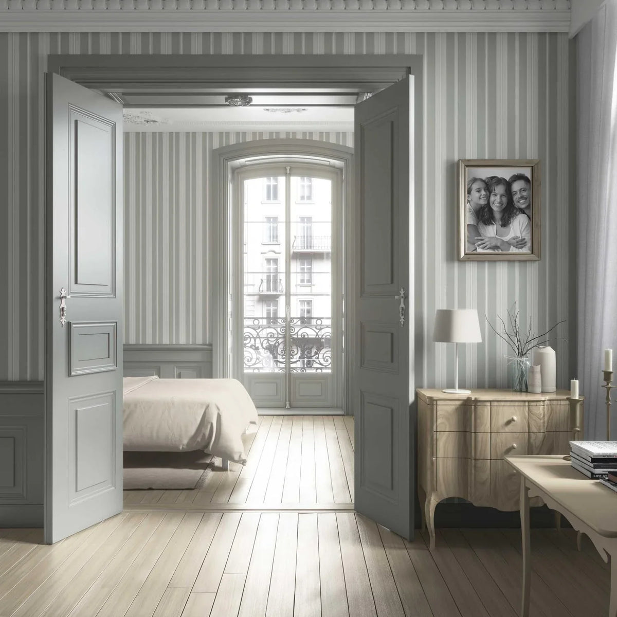Neutral Geometric Striped Bathroom Wallpaper Sample (Sage Grey)