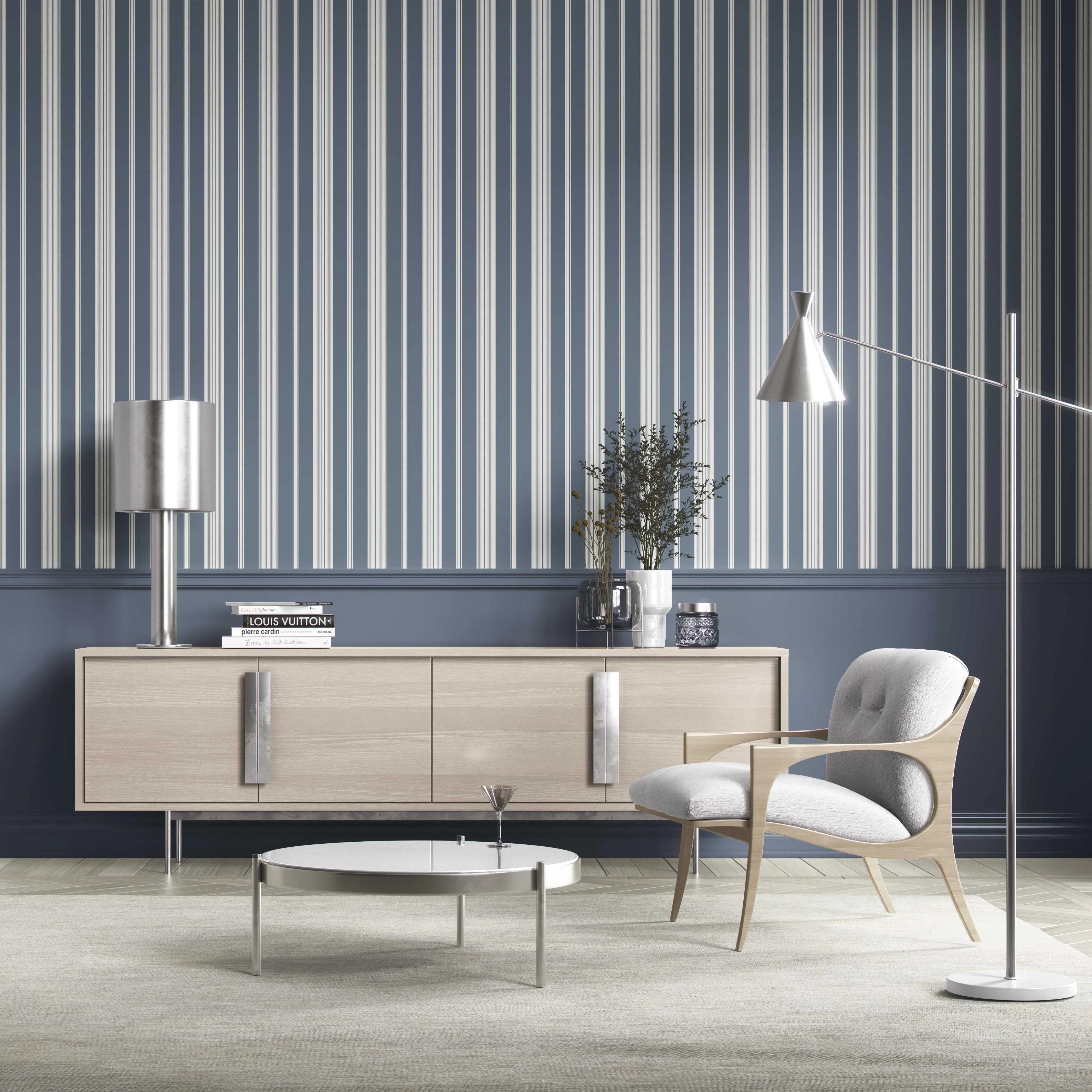 Geometric Striped Bathroom Wallpaper Sample (Slate Grey/ Blue)