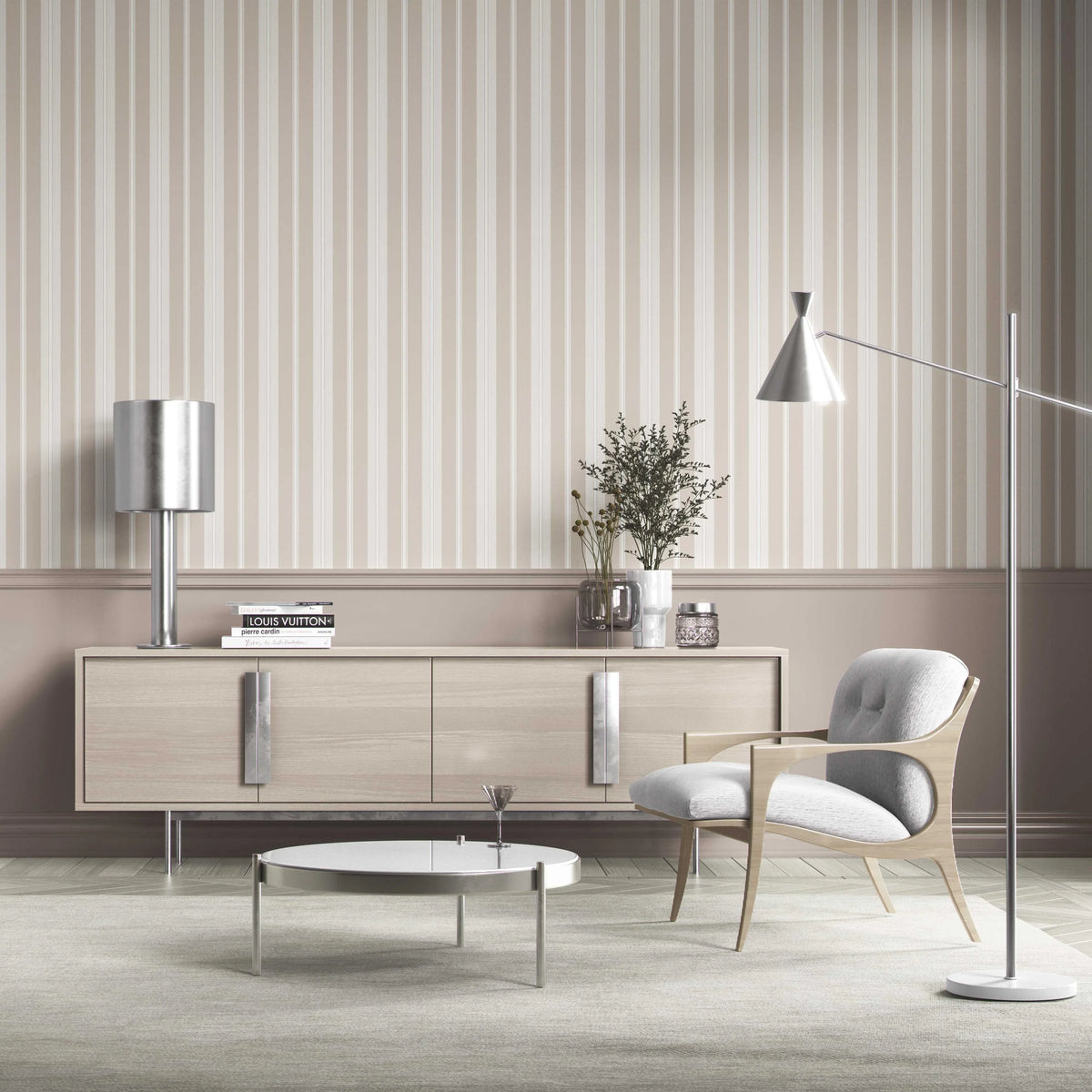 Neutral Geometric Striped Kitchen Wallpaper Sample (Soft Taupe/ Beige/ Grey)