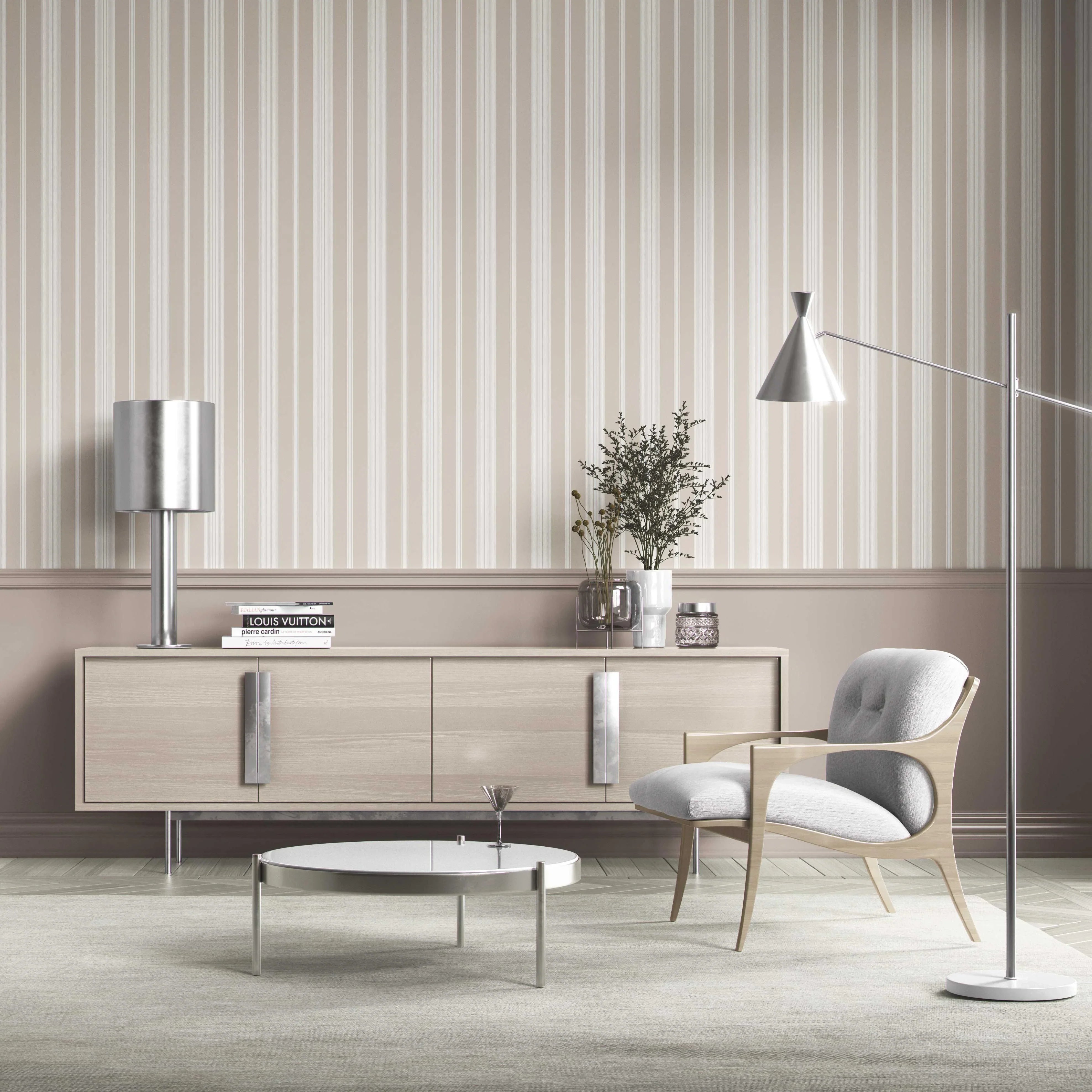 Neutral Geometric Striped Kitchen Wallpaper Sample (Soft Taupe/ Beige/ Grey)