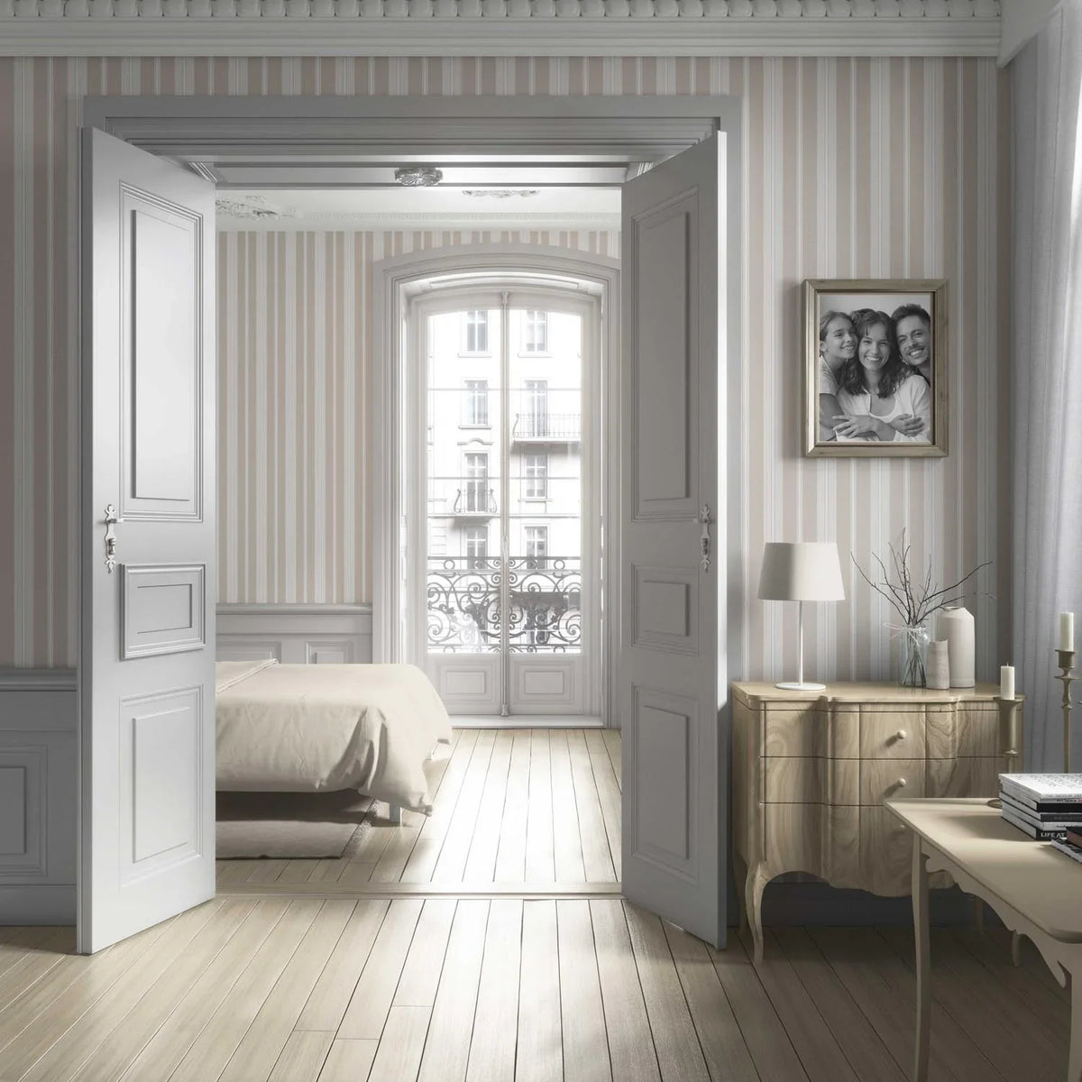 Neutral Geometric Striped Bathroom Wallpaper Sample (Soft Taupe/ Beige/ Grey)
