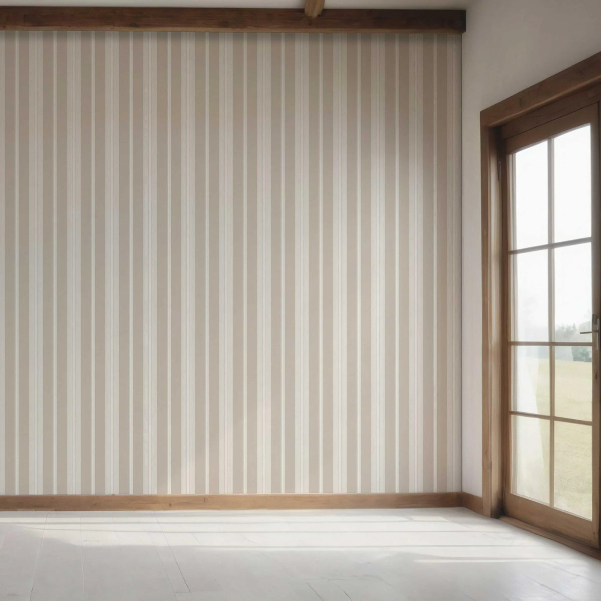 Neutral Geometric Striped Bedroom Wallpaper Sample (Soft Taupe/ Beige/ Grey)