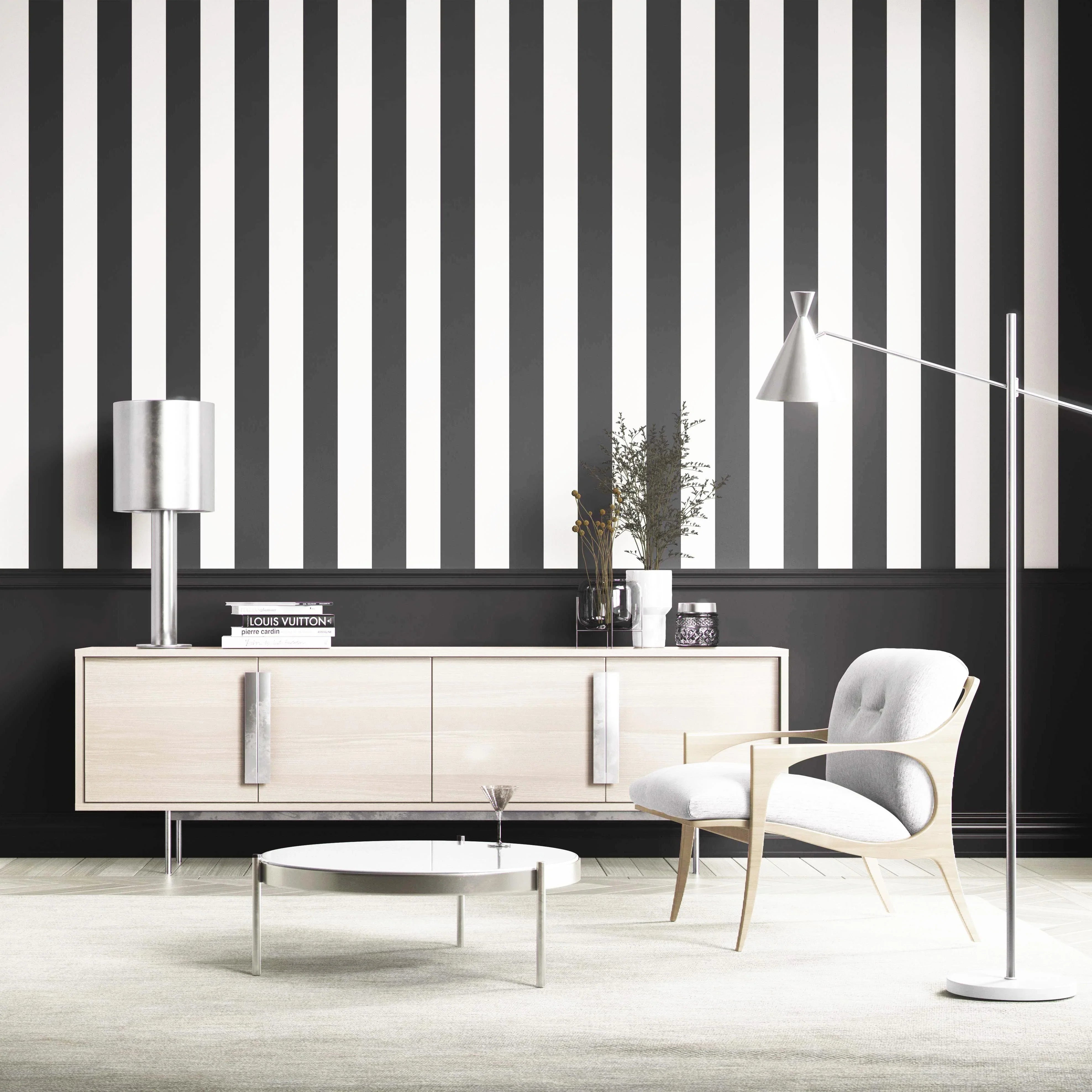 Neutral Geometric Striped Shower Toilet Wallpaper Sample (Black/ White)