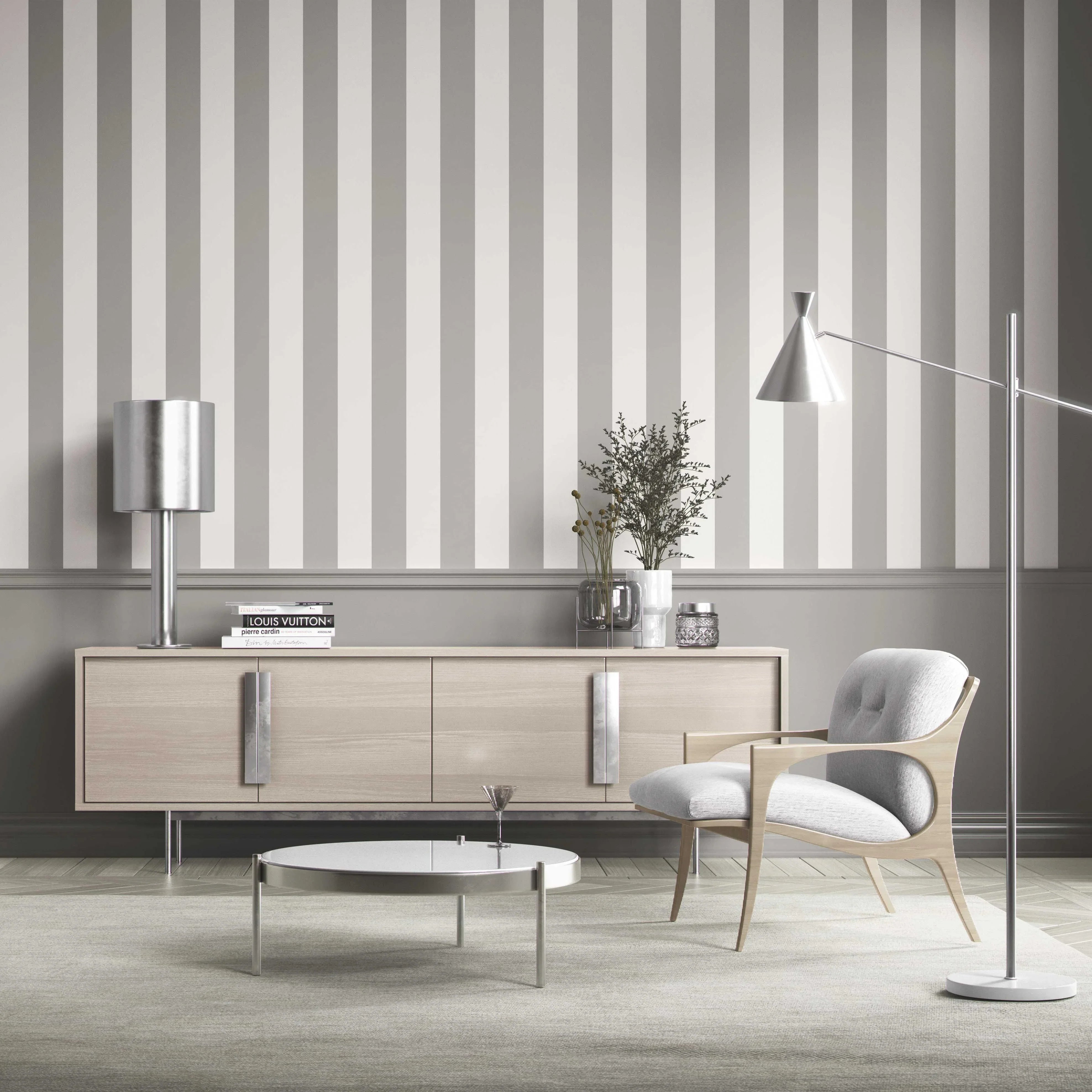 Neutral Geometric Striped Living Room Wallpaper (Grey/ White)