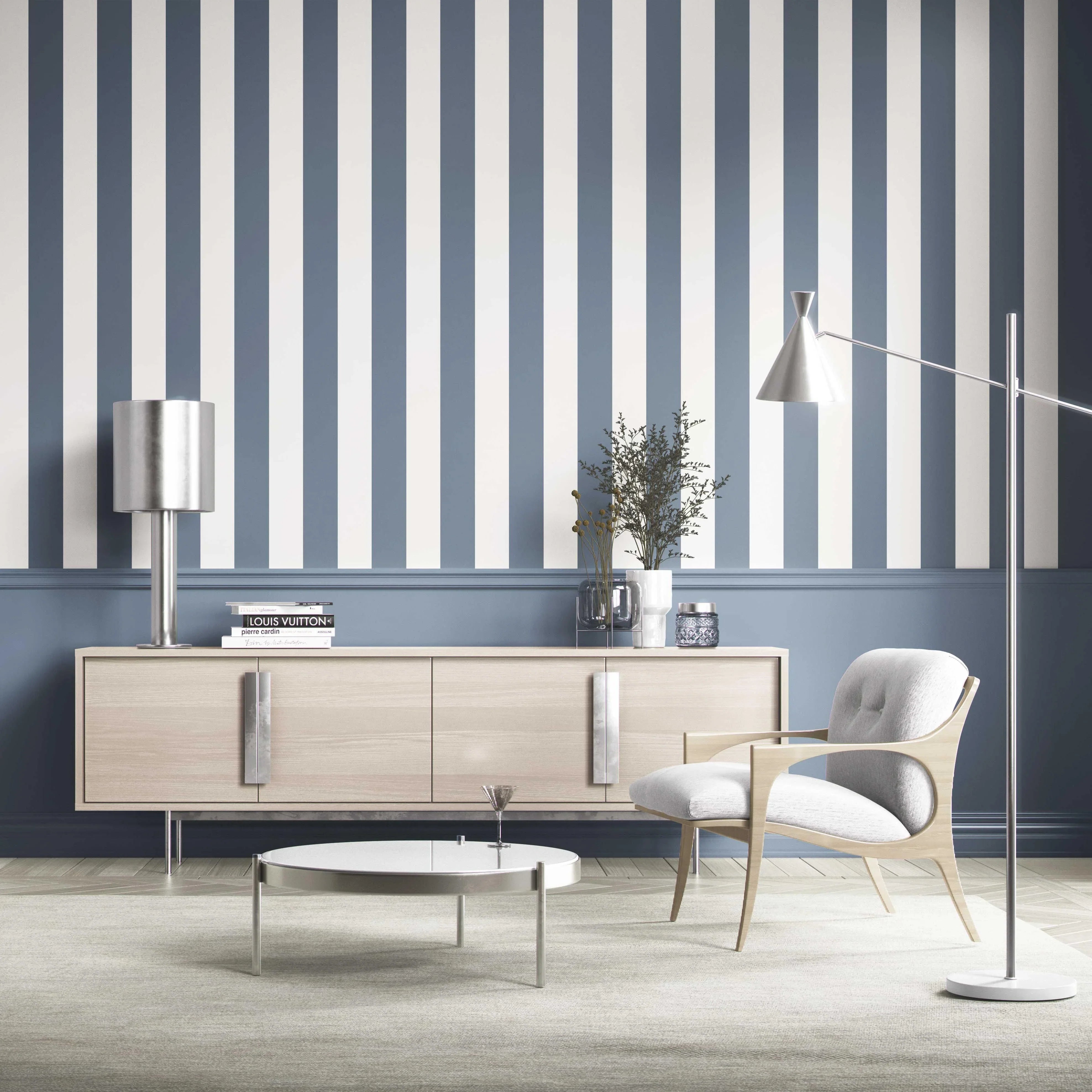 Neutral Geometric Striped Nursery Wallpaper (Slate Blue/ White)