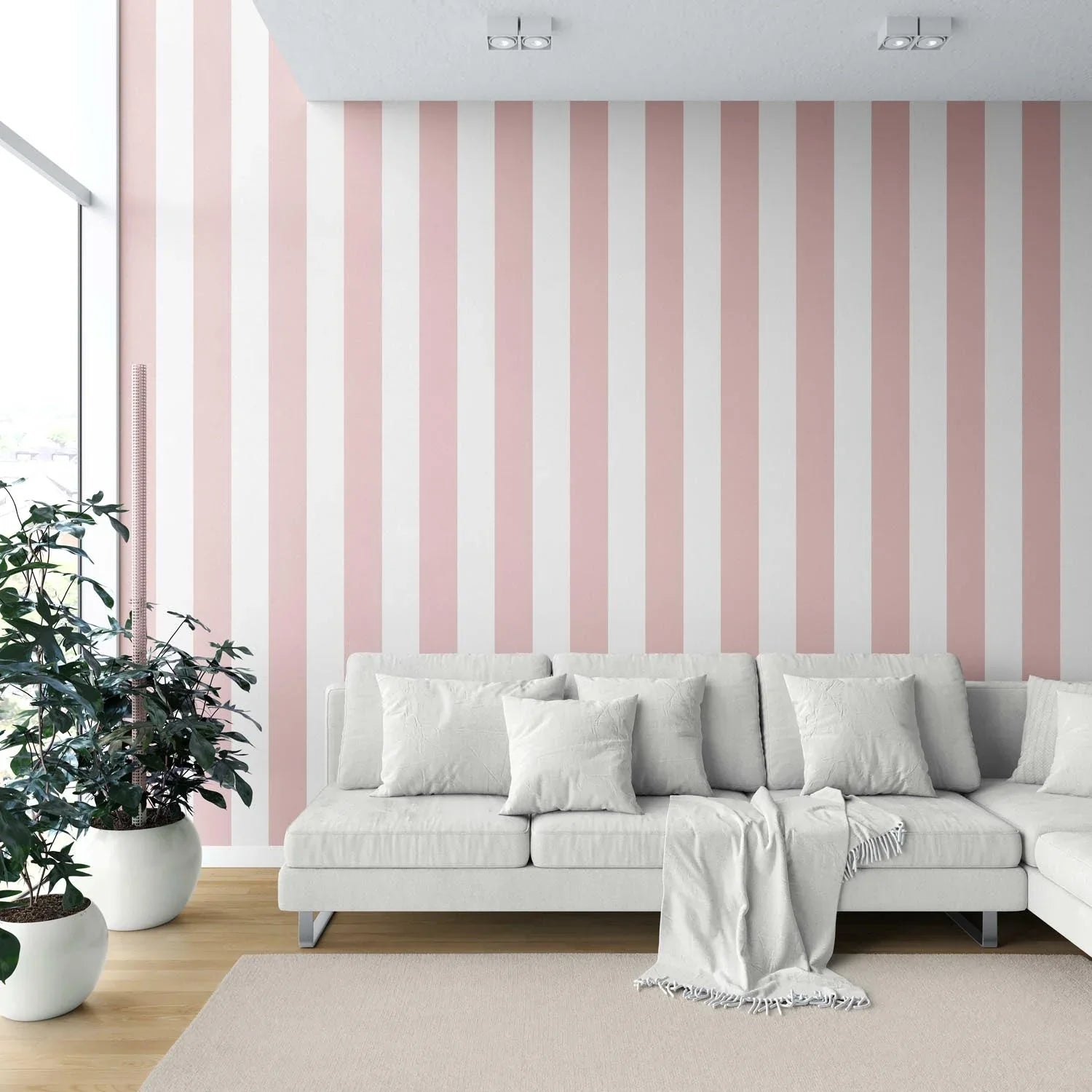 Geometric Striped Kitchen Wallpaper Sample (Blush Pink/ White)