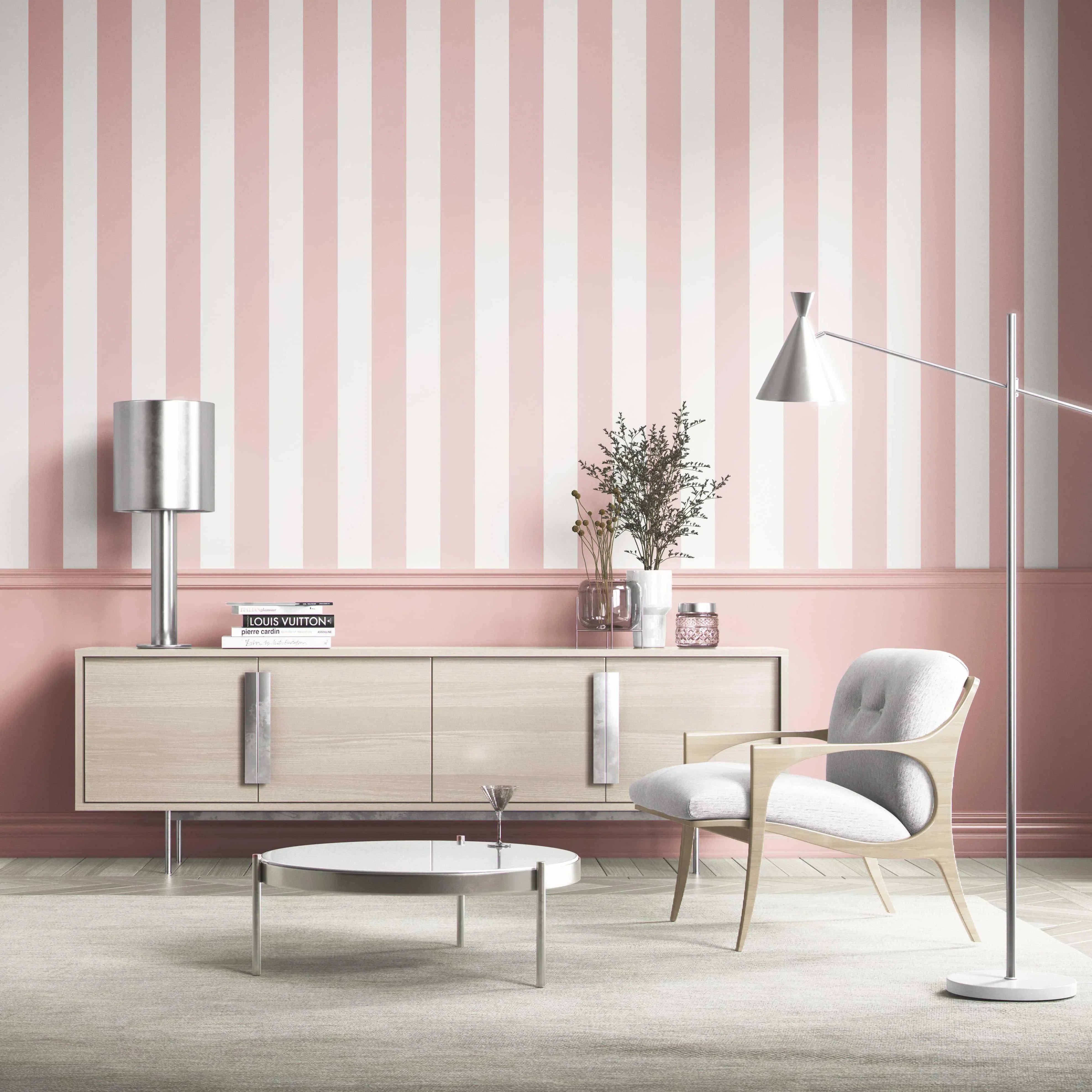 Geometric Striped Nursery Wallpaper (Blush Pink/ White)