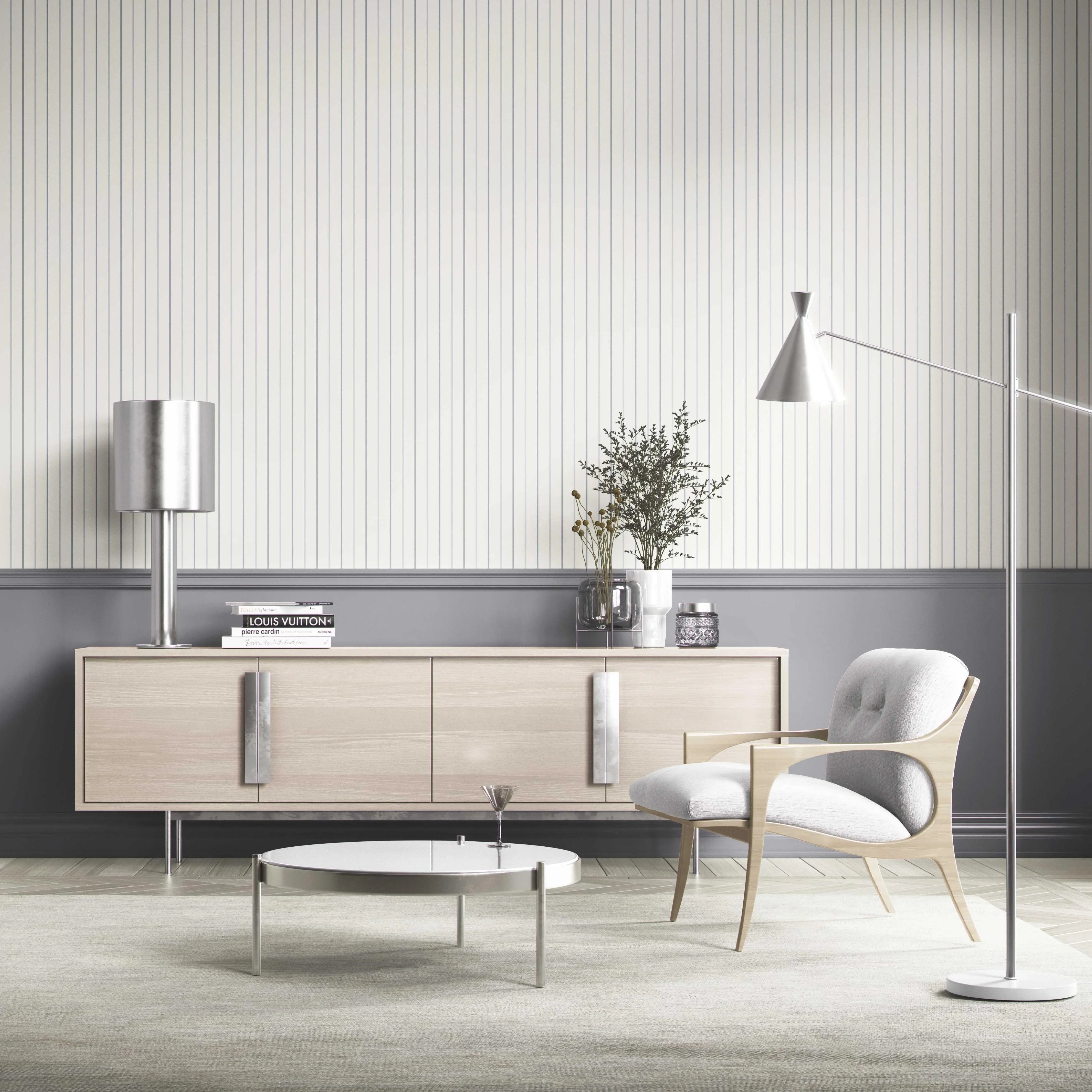 Neutral Geometric Striped Bathroom Wallpaper (Cream/ White/ Grey)