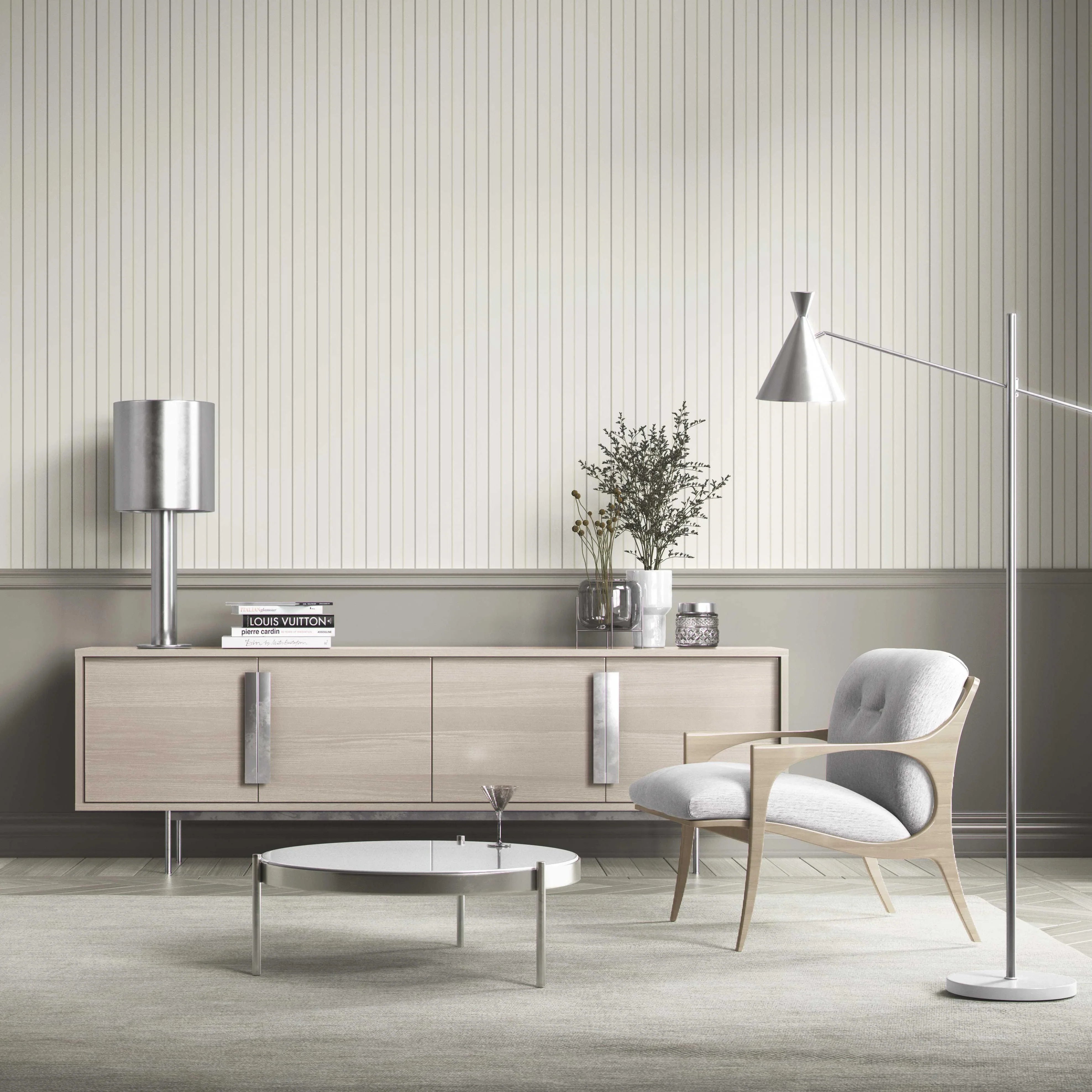 Neutral Geometric Striped Bathroom Wallpaper Sample (Sage Grey/ Beige/ Cream)