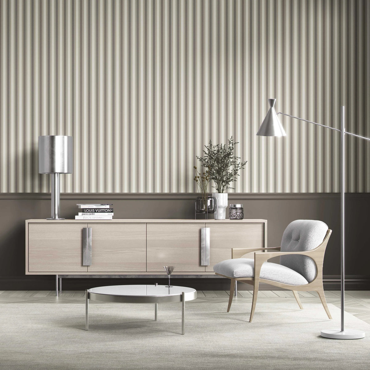Neutral Geometric Striped Shower Toilet Wallpaper (Brown/ Beige/ Taupe Grey)