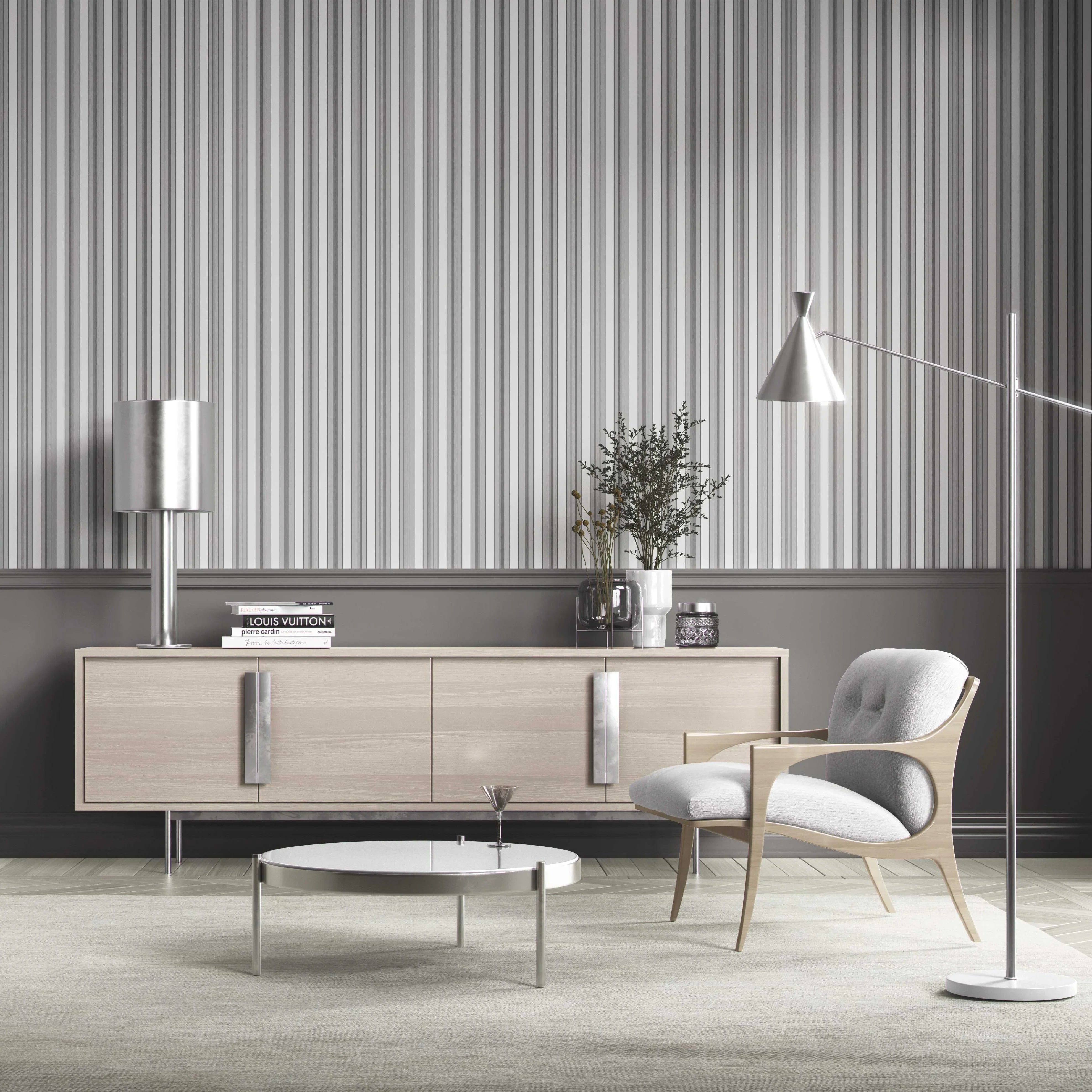 Neutral Geometric Striped Shower Toilet Wallpaper (Grey)