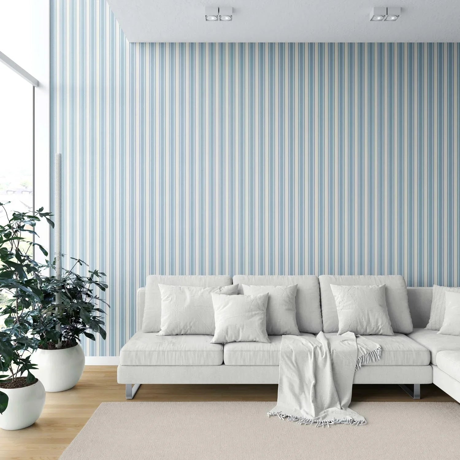 Geometric Striped Kitchen Wallpaper Sample (Blue/ Cream)