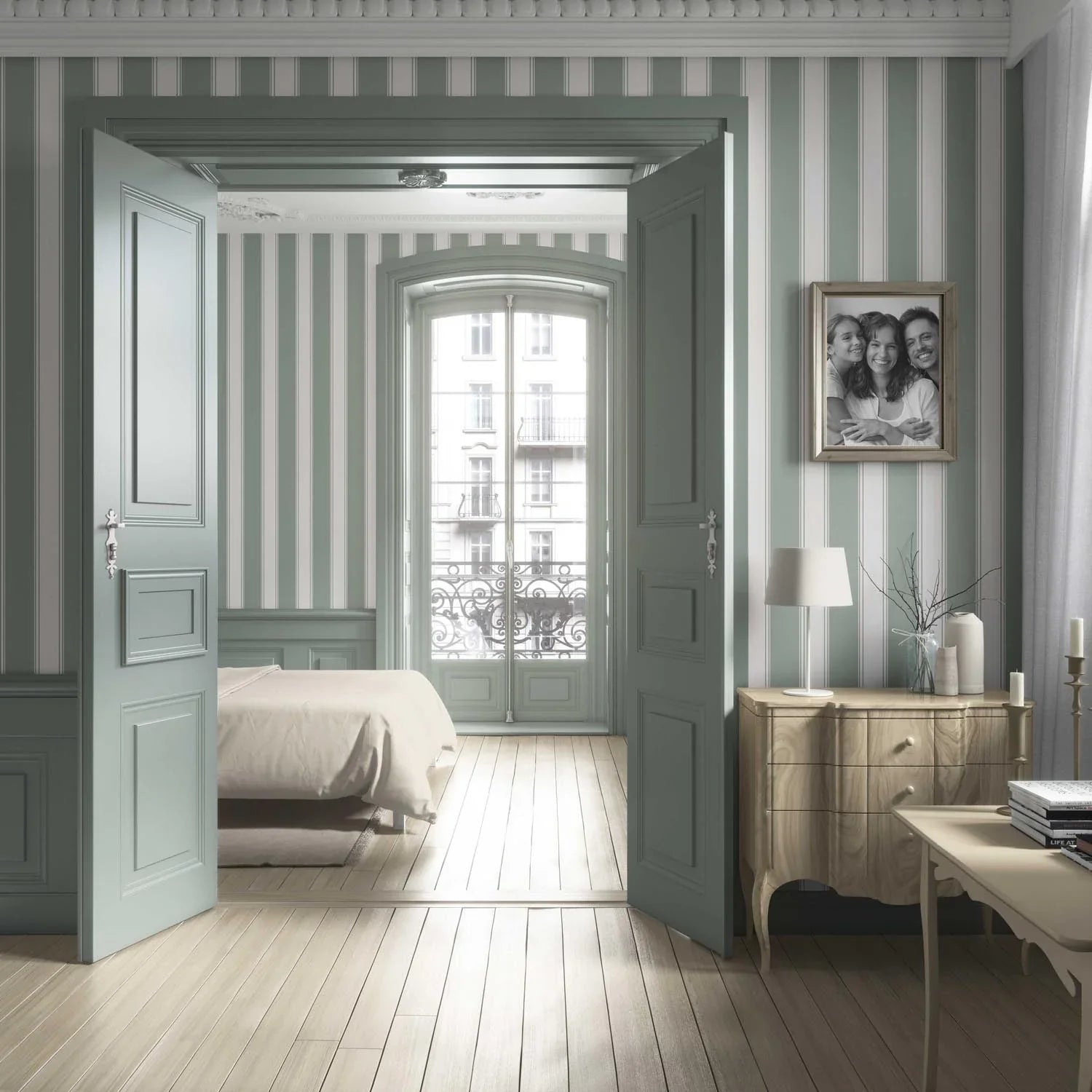 Geometric Striped Living Room Wallpaper Sample (Sage Green/ Grey)