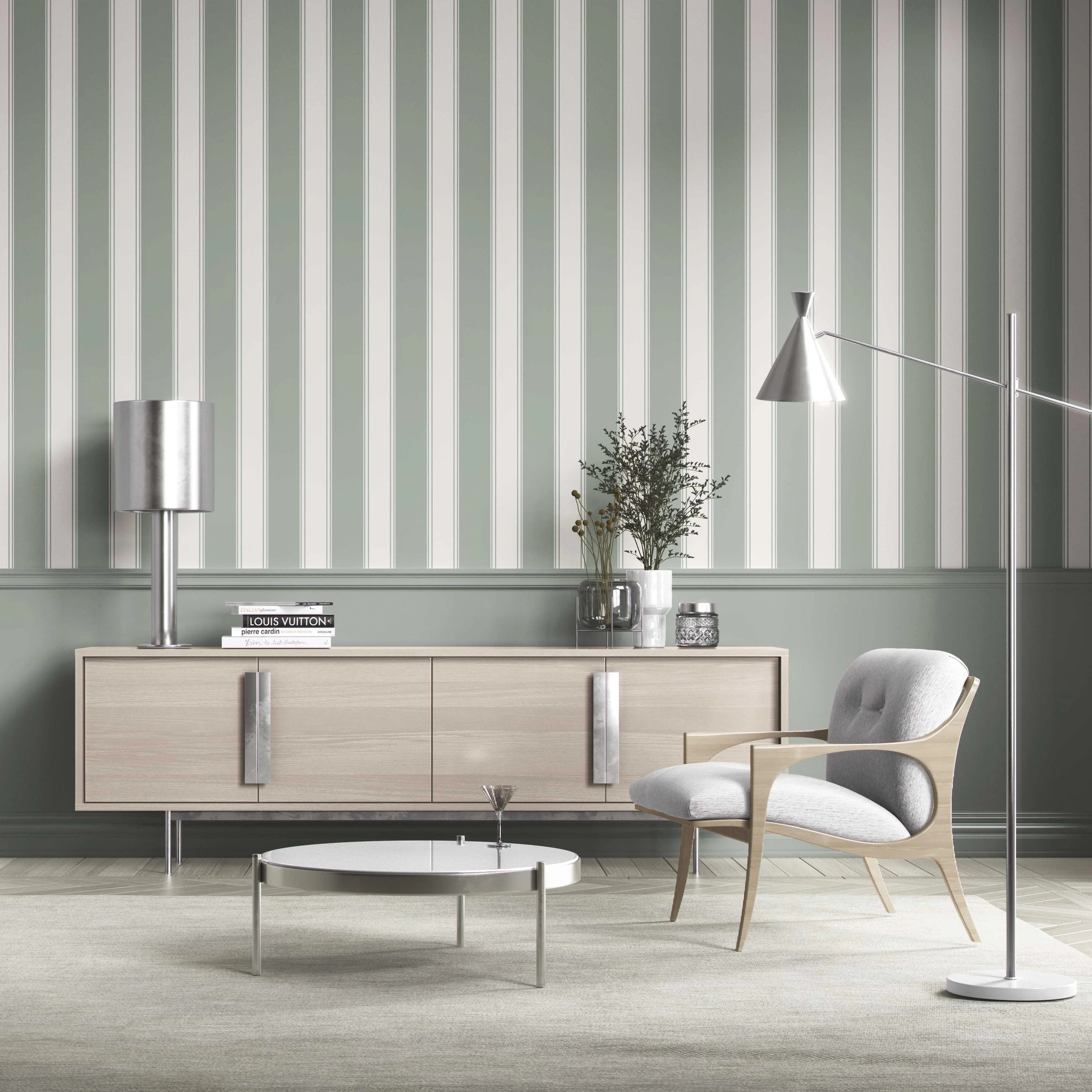 Geometric Striped Shower Toilet Wallpaper Sample (Sage Green/ Grey)