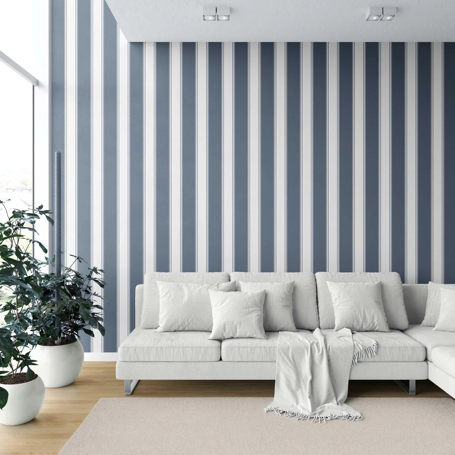 Geometric Striped Kitchen Wallpaper (Navy Blue)
