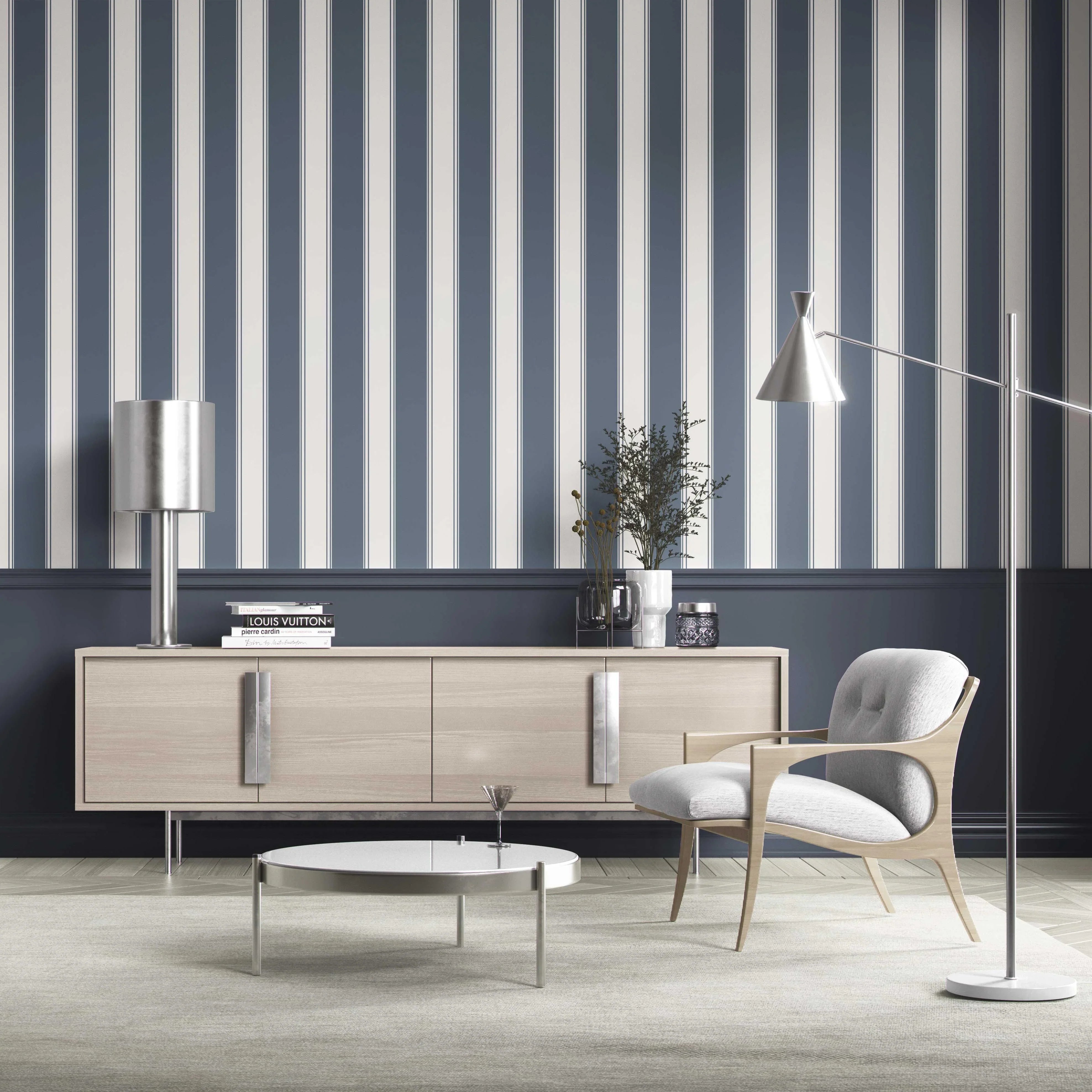 Geometric Striped Shower Toilet Wallpaper (Navy Blue)