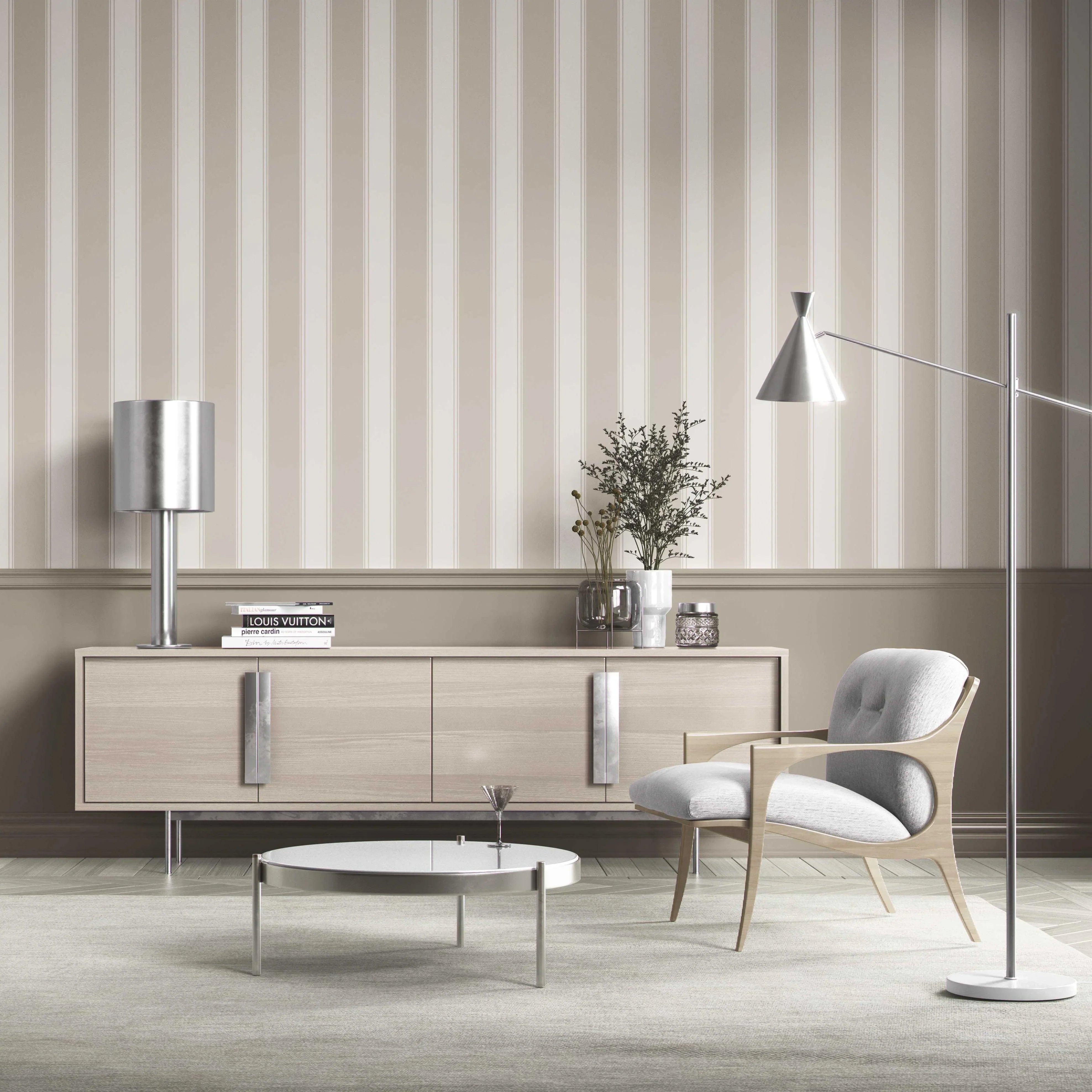 Neutral Geometric Striped Kitchen Wallpaper (Greige/ Taupe/ Warm Grey)