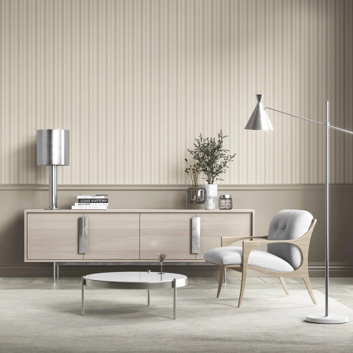 Neutral Geometric Striped Bathroom Wallpaper Sample (Beige/ Taupe)