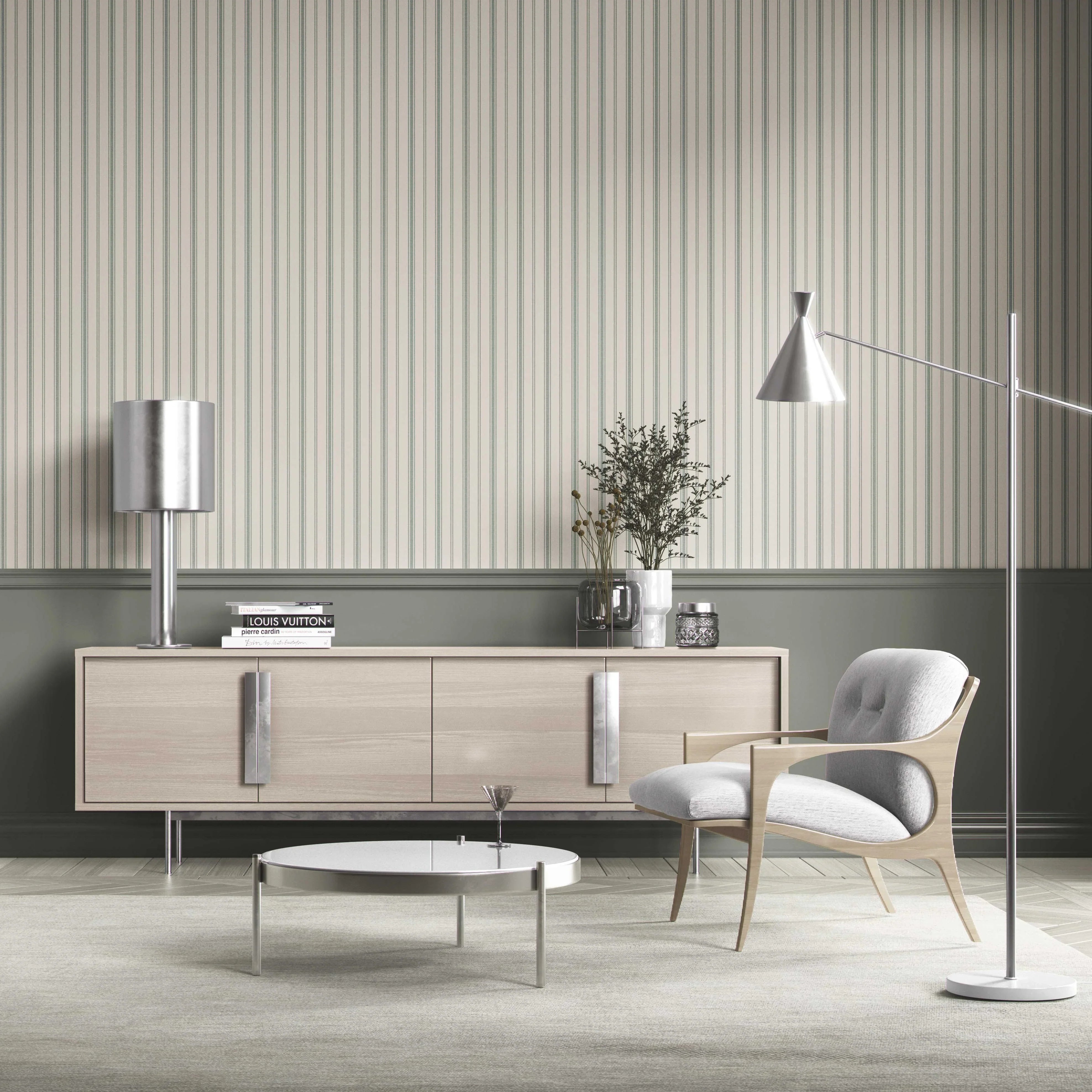 Geometric Striped Bathroom Wallpaper (Sage Green/ Cream)
