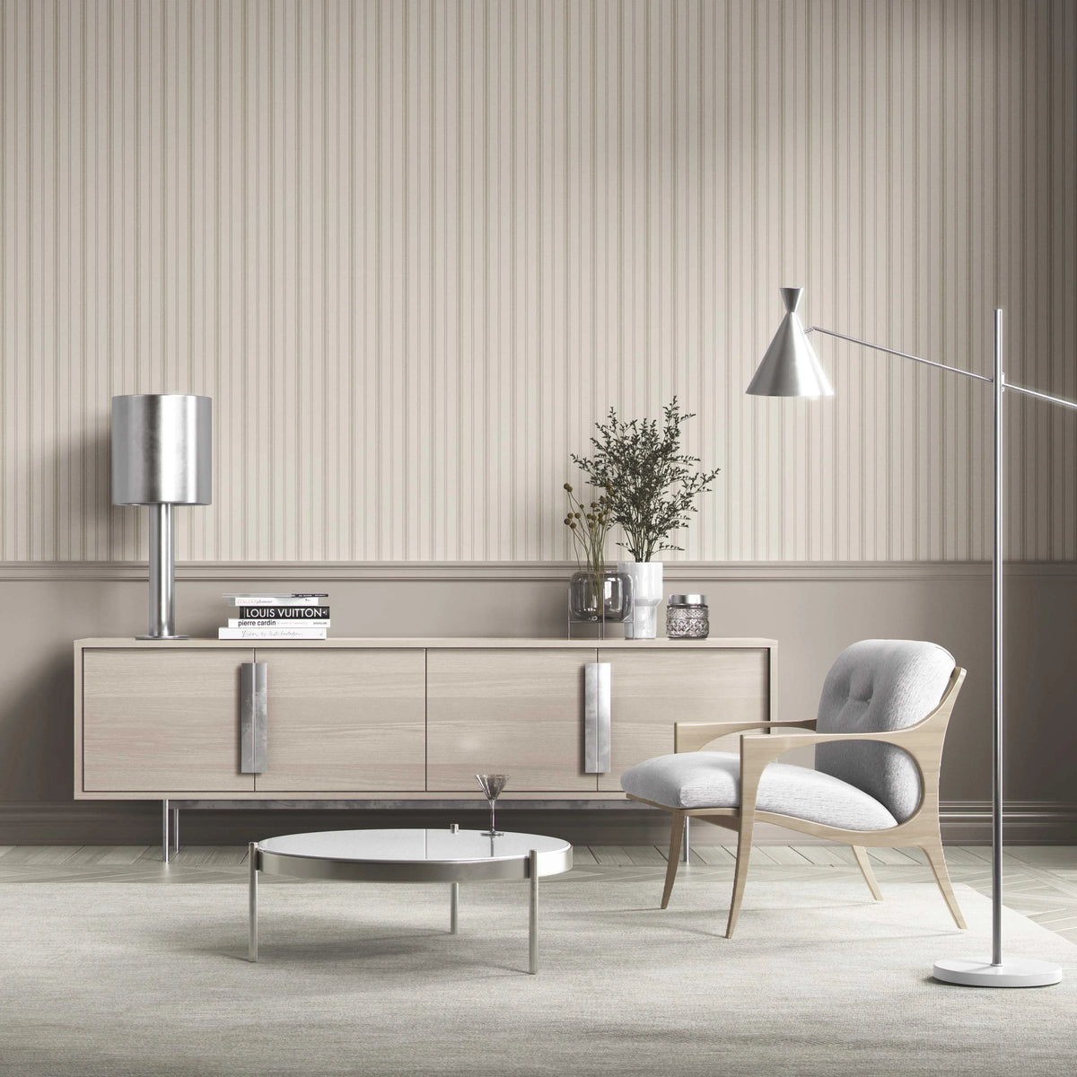 Neutral Geometric Striped Bathroom Wallpaper Sample (Beige/ Greige/ Taupe)