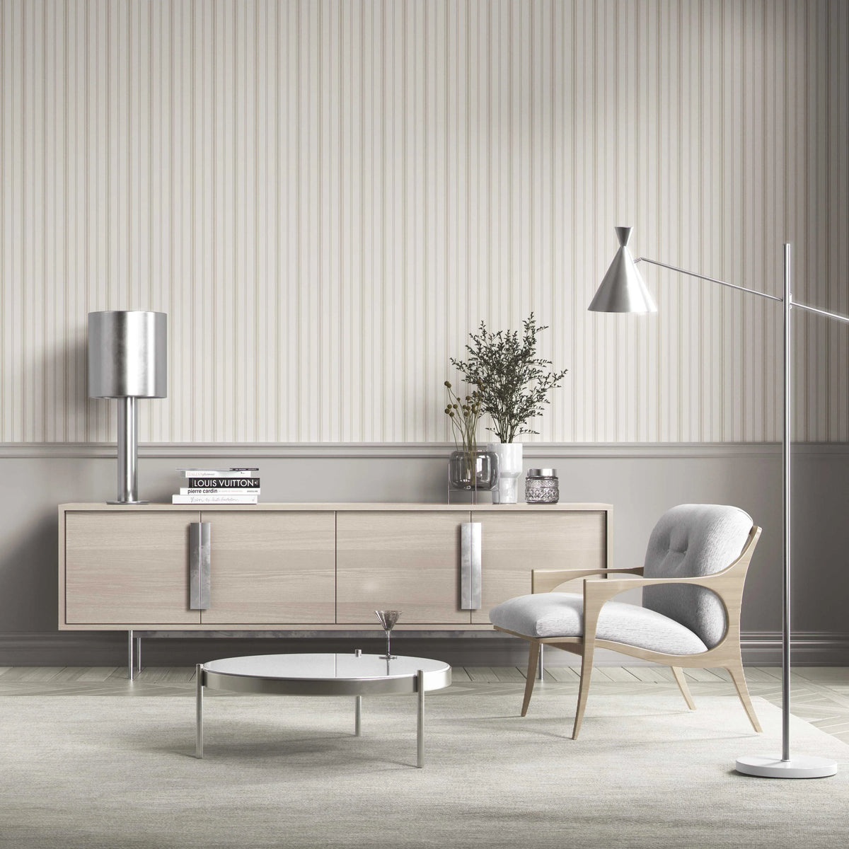 Neutral Geometric Striped Bathroom Wallpaper Sample (Greige/ Taupe Grey)