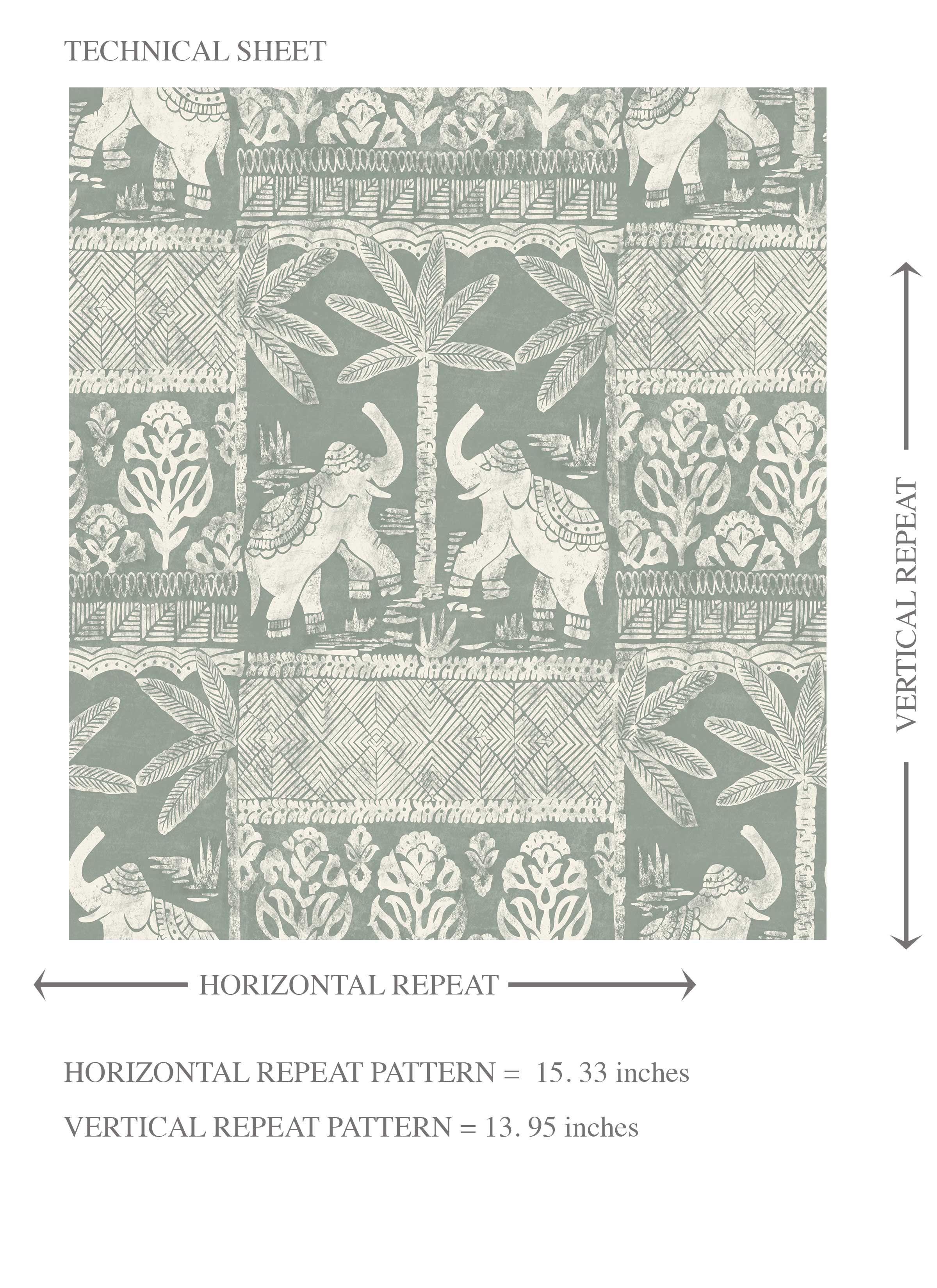 Ethnic/ Heritage Elephants & Animals Print Kids Room Wallpaper Sample (Green-Gray/ White)