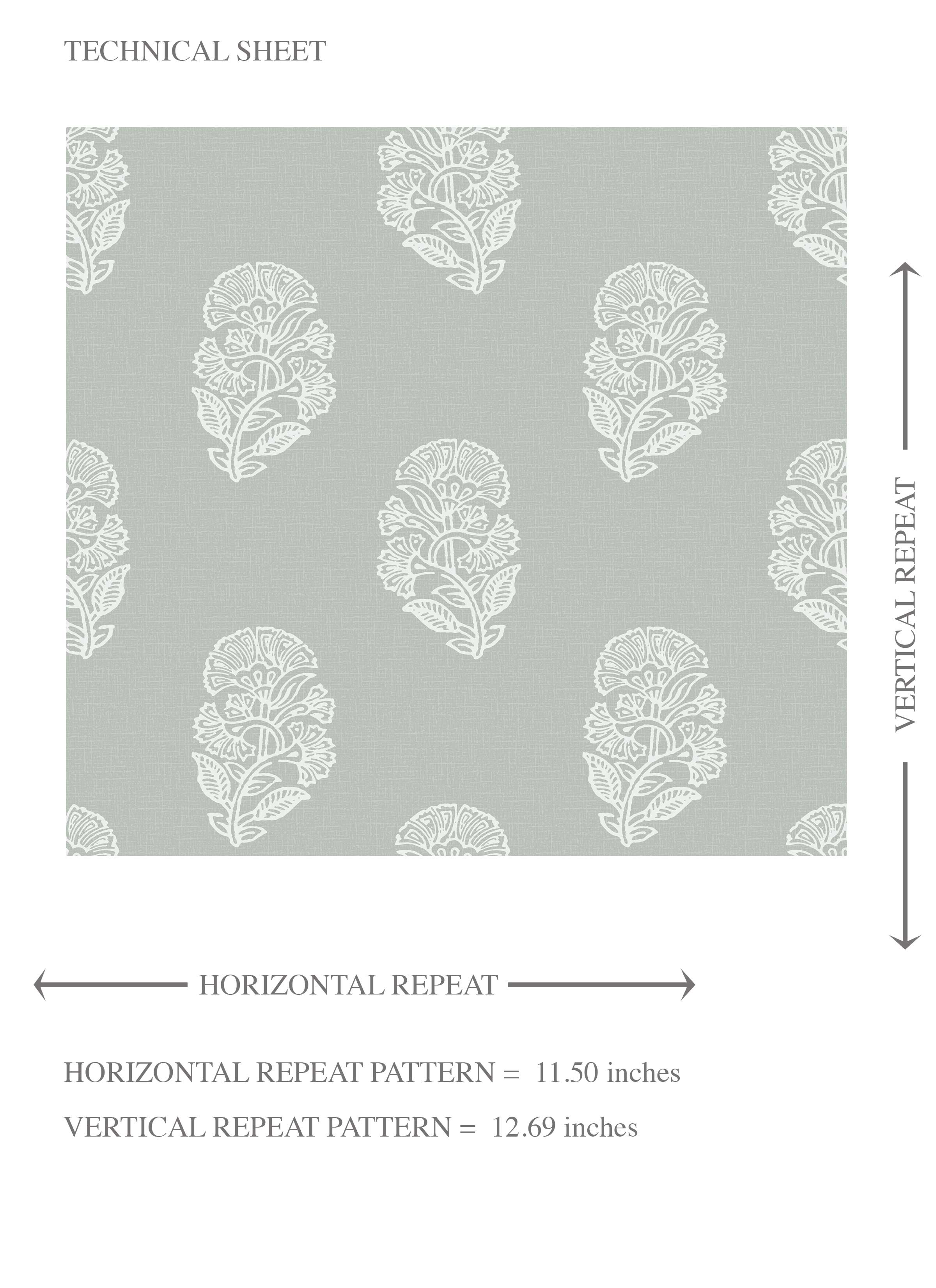 Neutral Botanical/ Floral Block Print Kids Room Wallpaper Sample (Green-Gray)