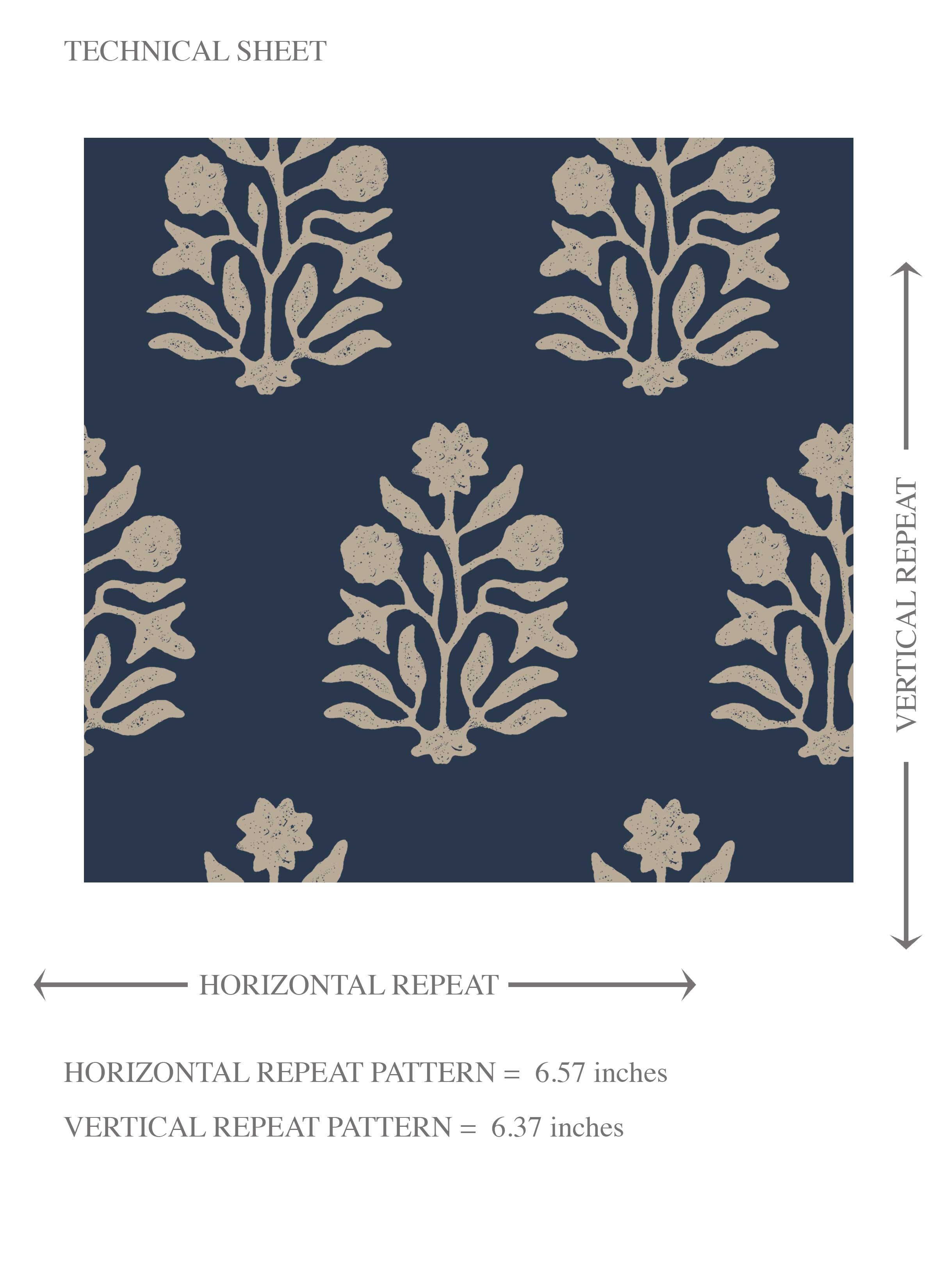 Vintage-Inspired Botanical Floral Block Print Kids Room Wallpaper Sample (Navy Blue/ Beige)