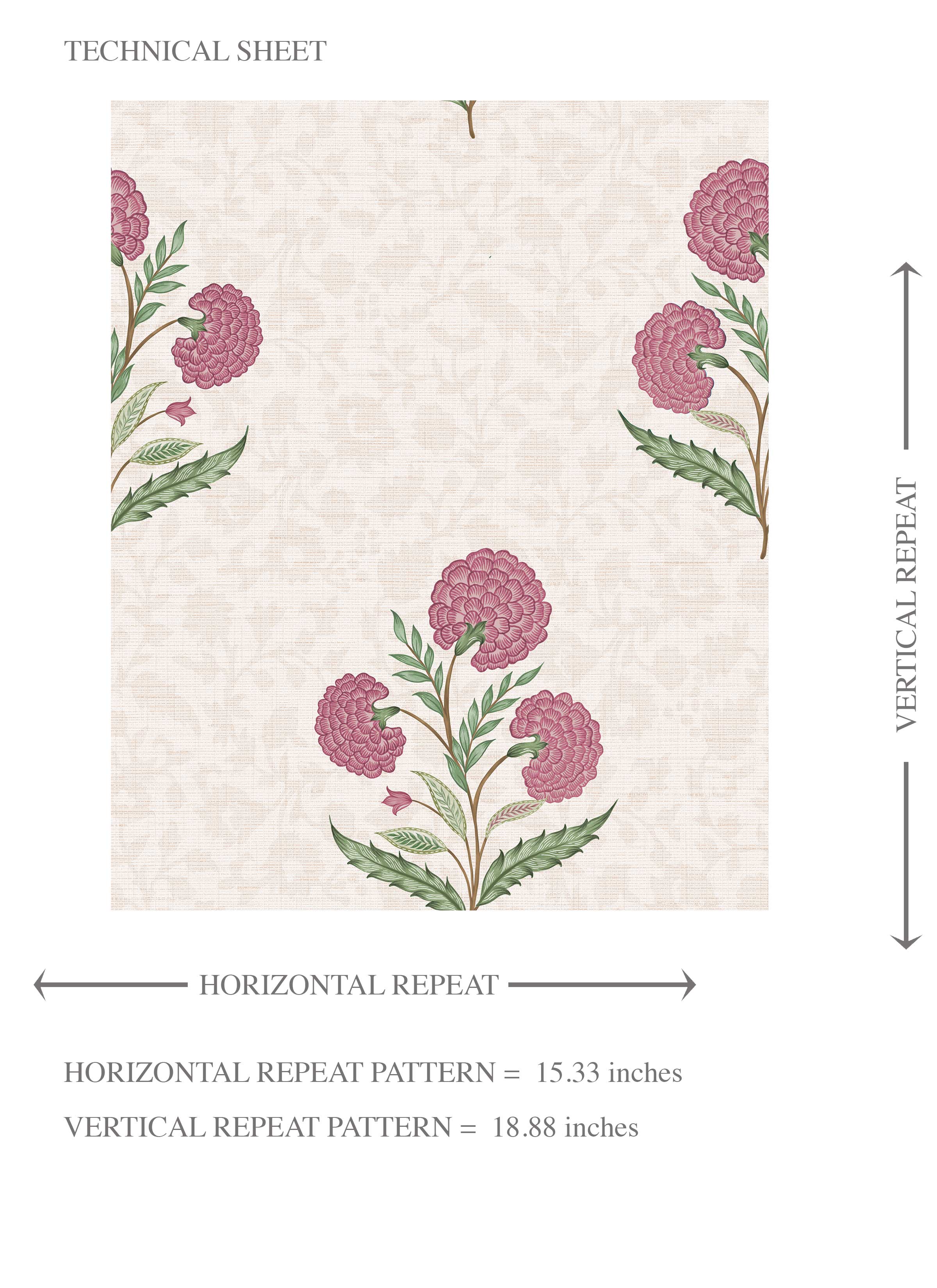 Floral Block Print Kids Room Wallpaper (Pink/ Green/ Soft Taupe)