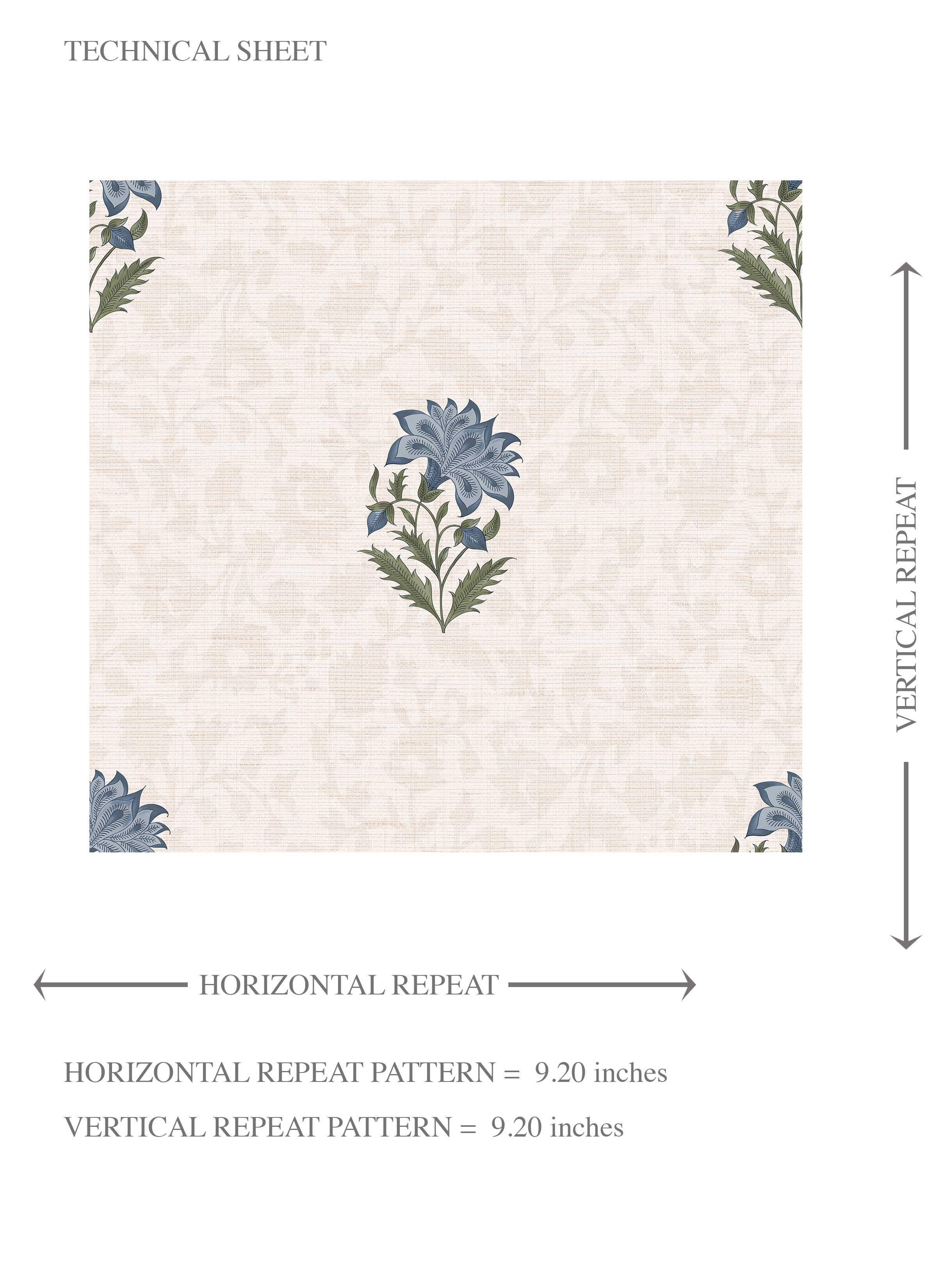 Botanical/ Floral Block Print Kids Room Wallpaper Sample (Blue/ Green/ Soft Taupe)