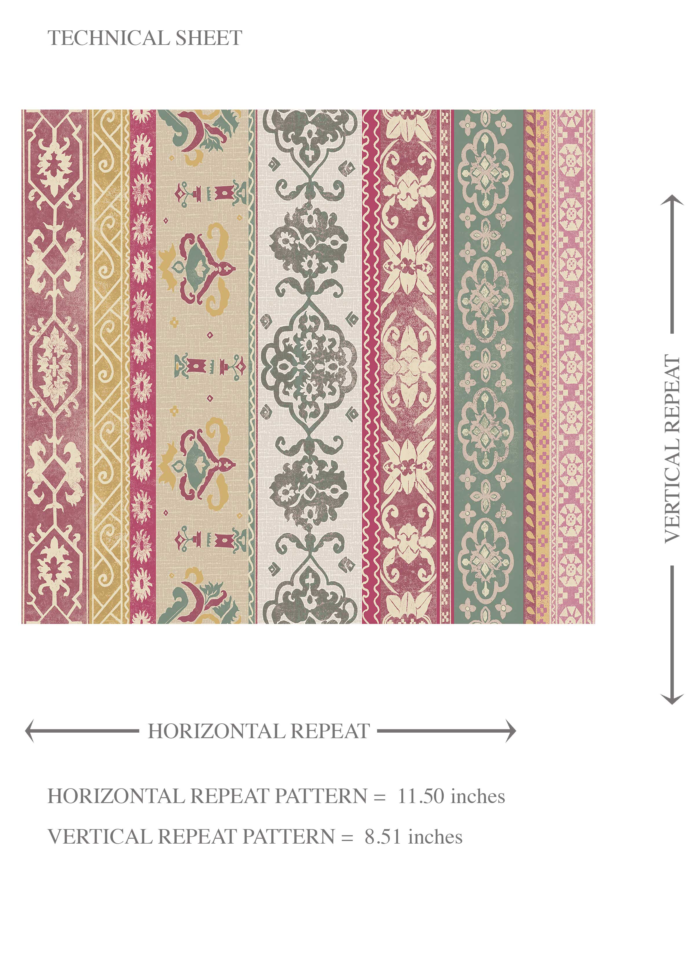 Vintage Bohemian Striped Kids Room Wallpaper Sample (Pink/ Red/ Green/ Yellow)