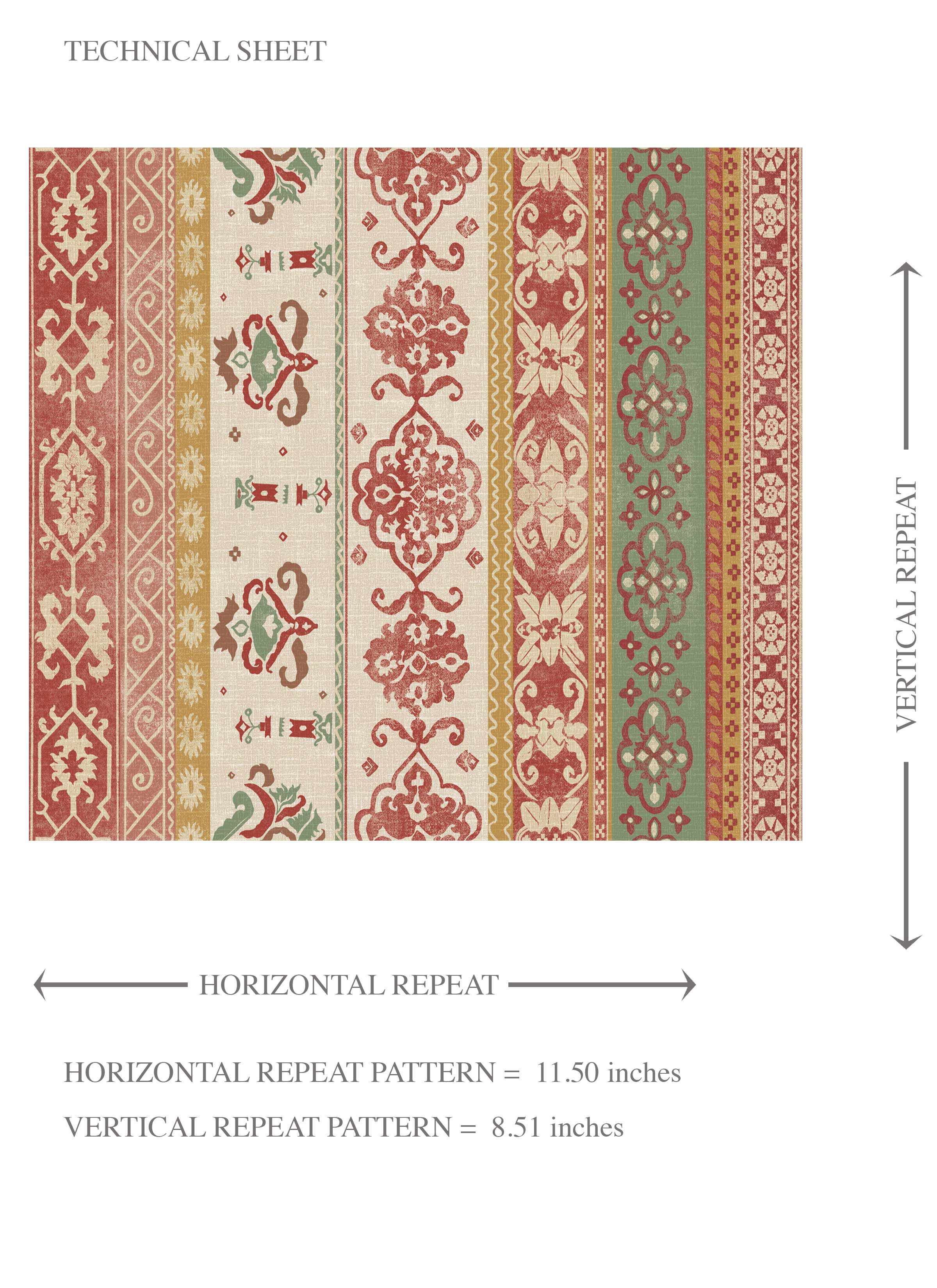 Vintage Bohemian Striped Kids Room Wallpaper Sample (Red/ Orange/ Green/ Yellow/ Brown)