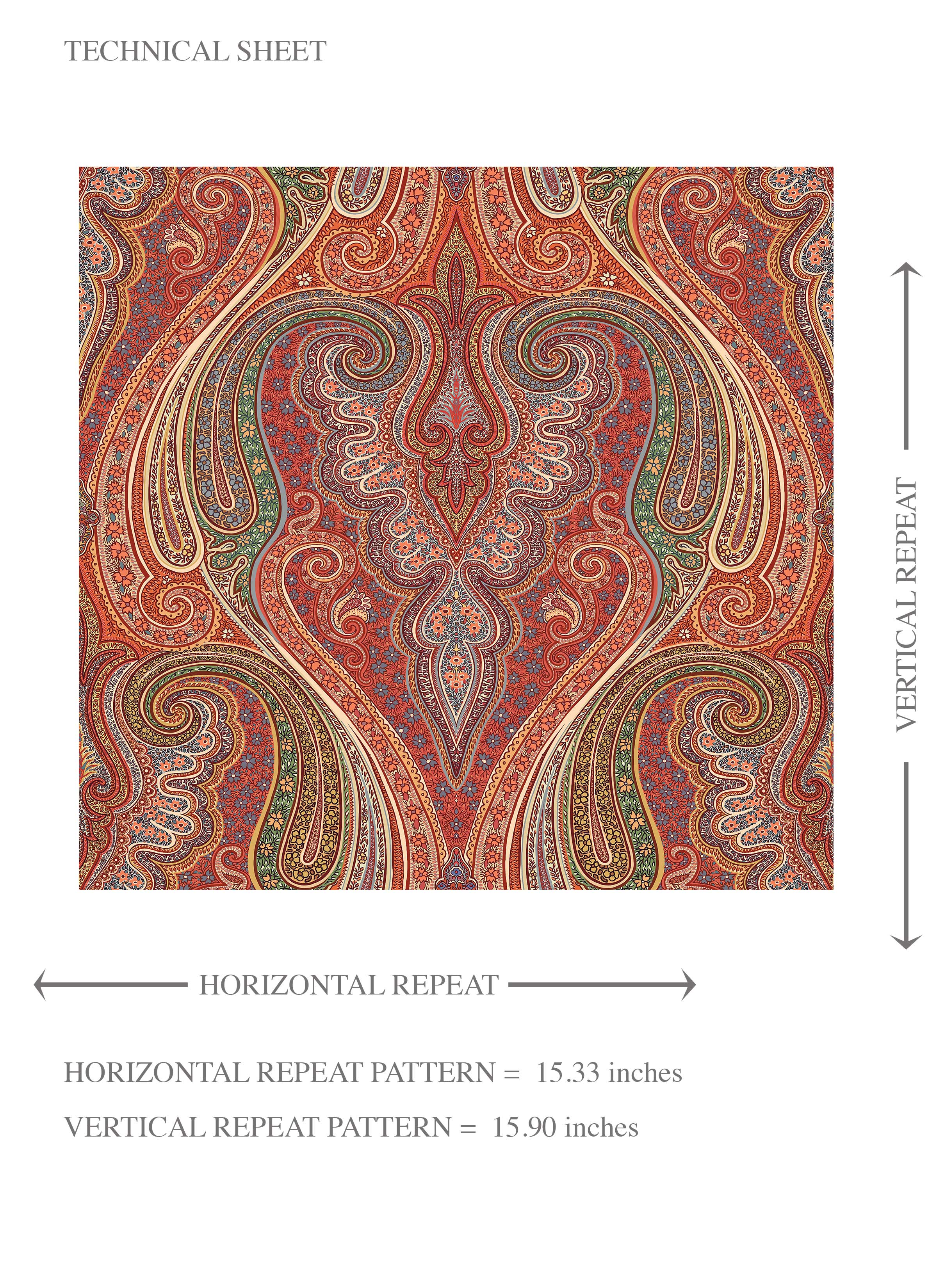 Paisley Floral/ Damask Patterned Kids Room Wallpaper Sample (Red/ Orange/ Green/ Yellow)