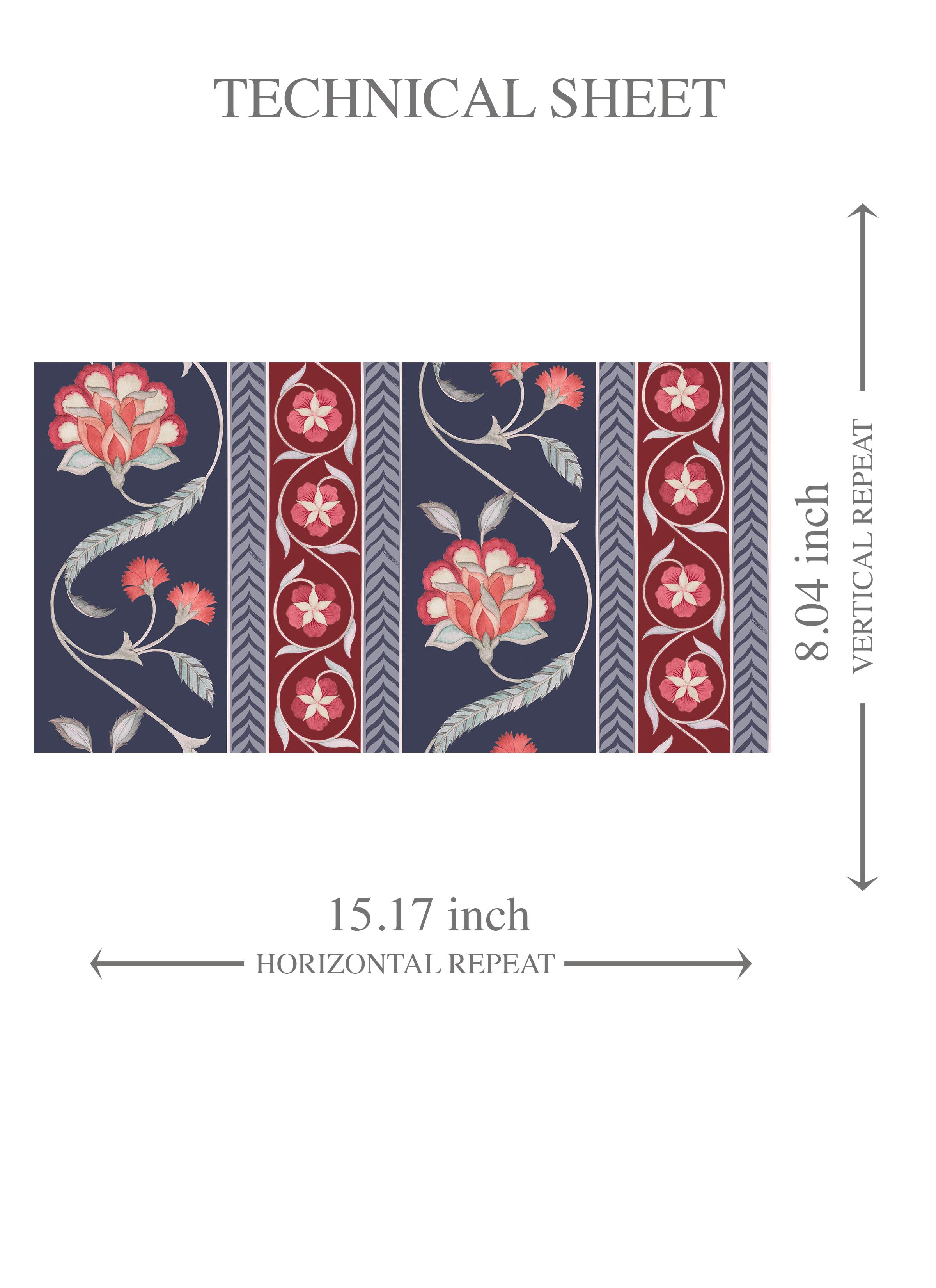 Floral Botanical Striped Kids Room Wallpaper (Navy Blue/ Red/ Gray)