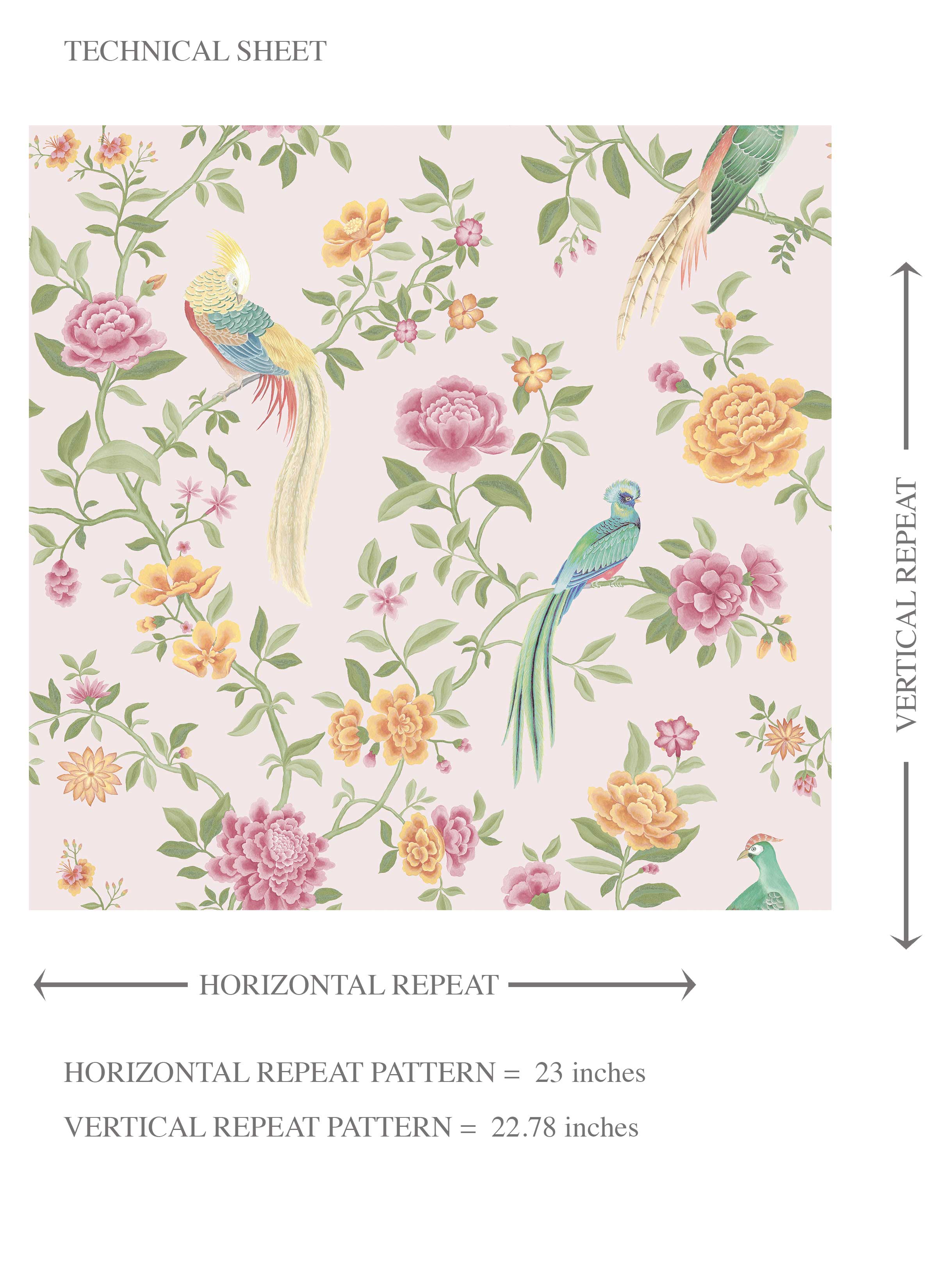 Floral Chinoiserie/ Nature Bird Print Kids Room Wallpaper Sample (Blush Pink/ Blue/ Green/ Orange/ Yellow)