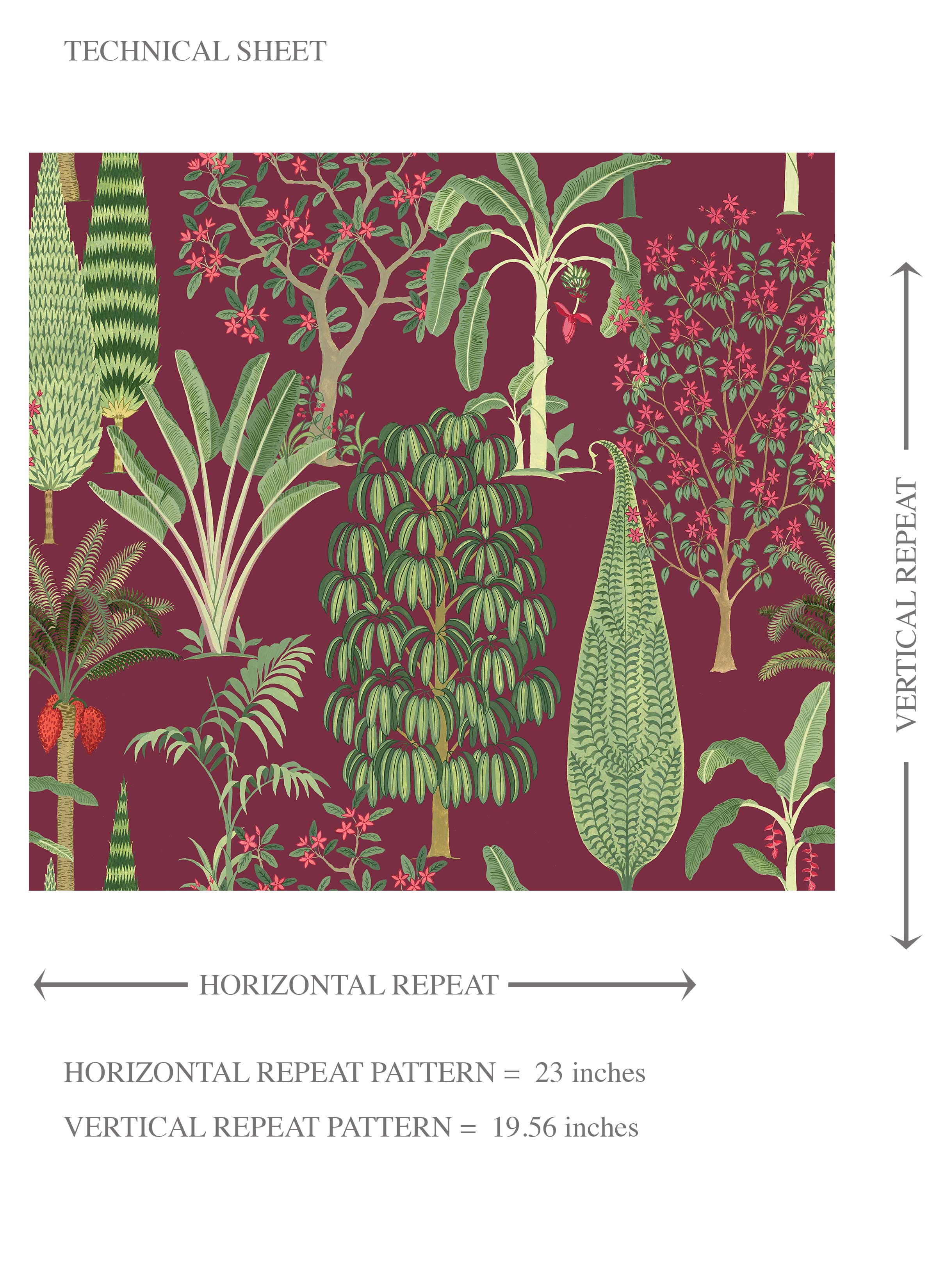 Tropical Floral/ Botanical Kids Room Wallpaper Sample (Burgundy Red/ Green/ Pink)