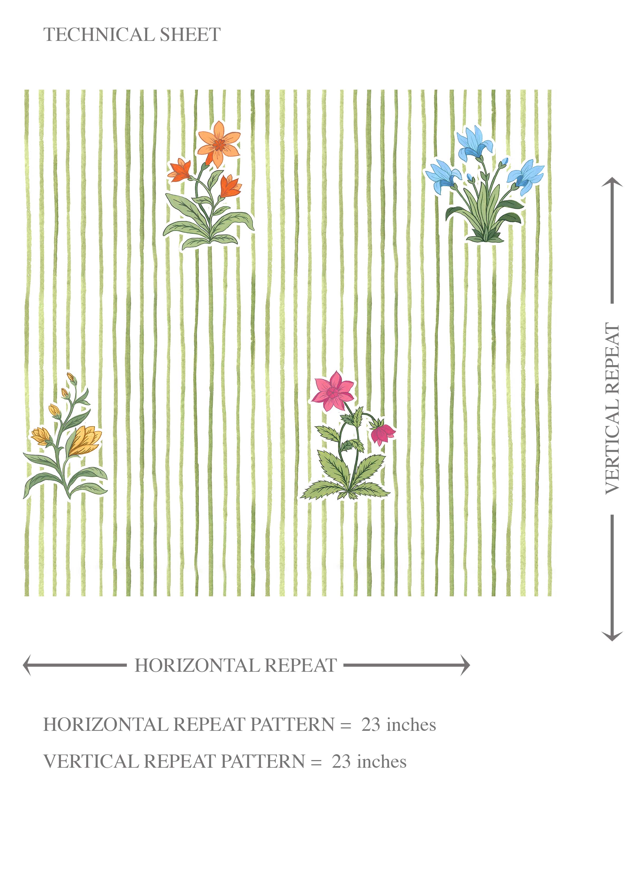 Floral Striped Block Print Kids Room Wallpaper (Green/ Pink/ Blue/ Yellow/ Orange)