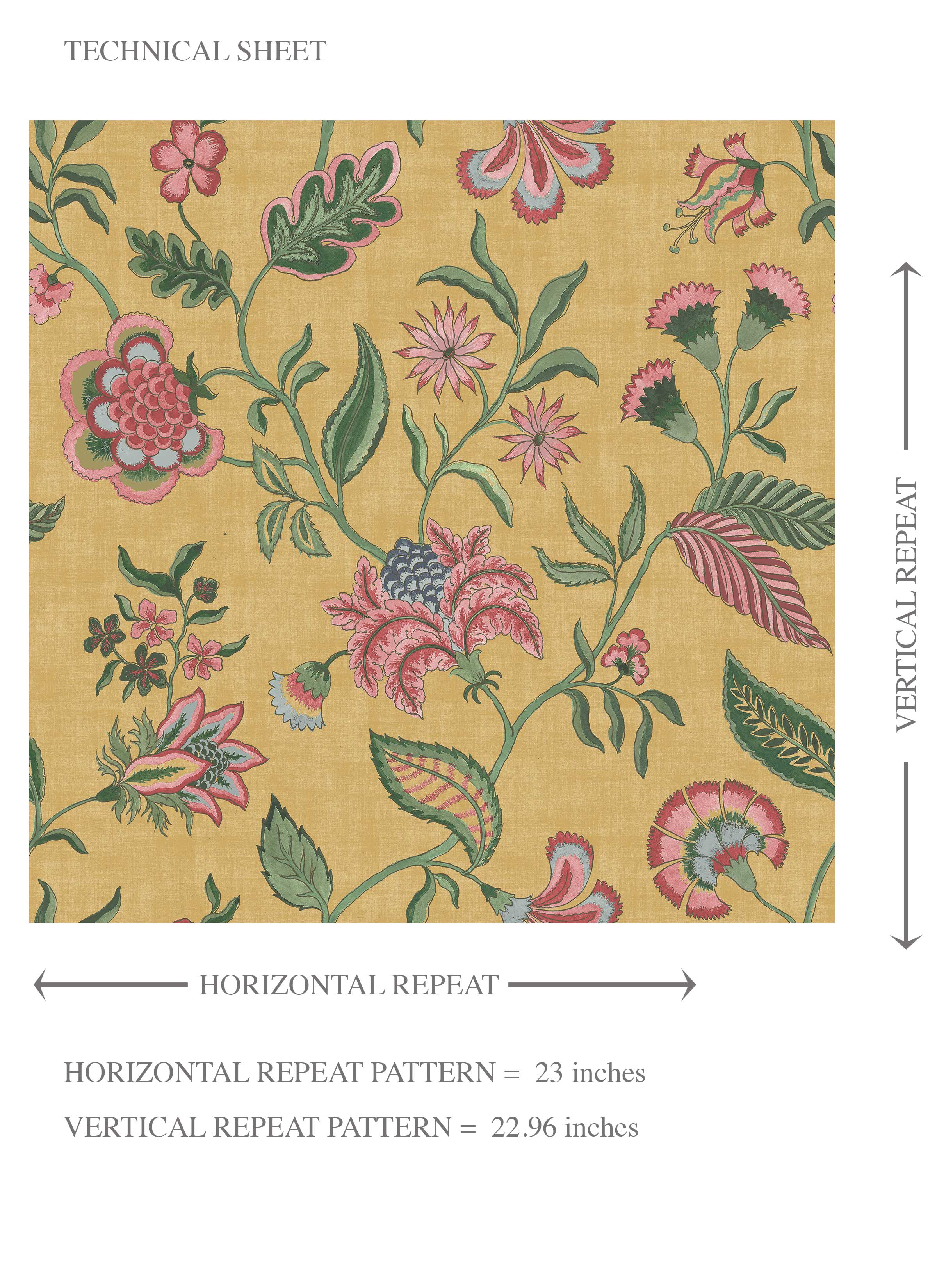 Botanical/ Floral Chinoiserie Kids Room Wallpaper Sample (Mustard Yellow/ Pink/ Green/ Blue)
