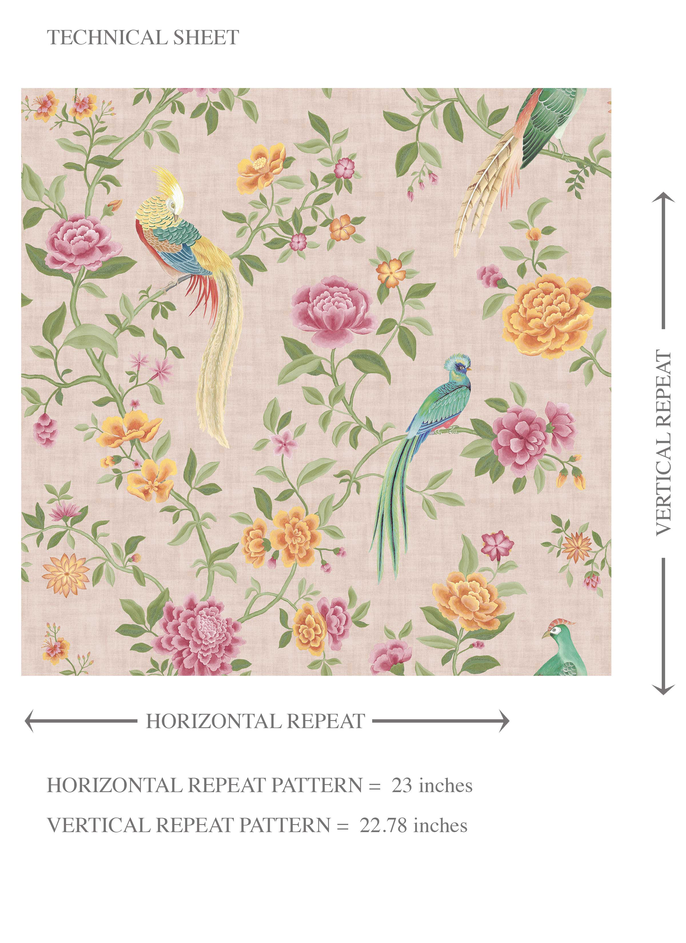 Floral Chinoiserie/ Nature Bird Print Kids Room Wallpaper Sample (Pale Pink/ Green/ Blue/ Orange/ Yellow)