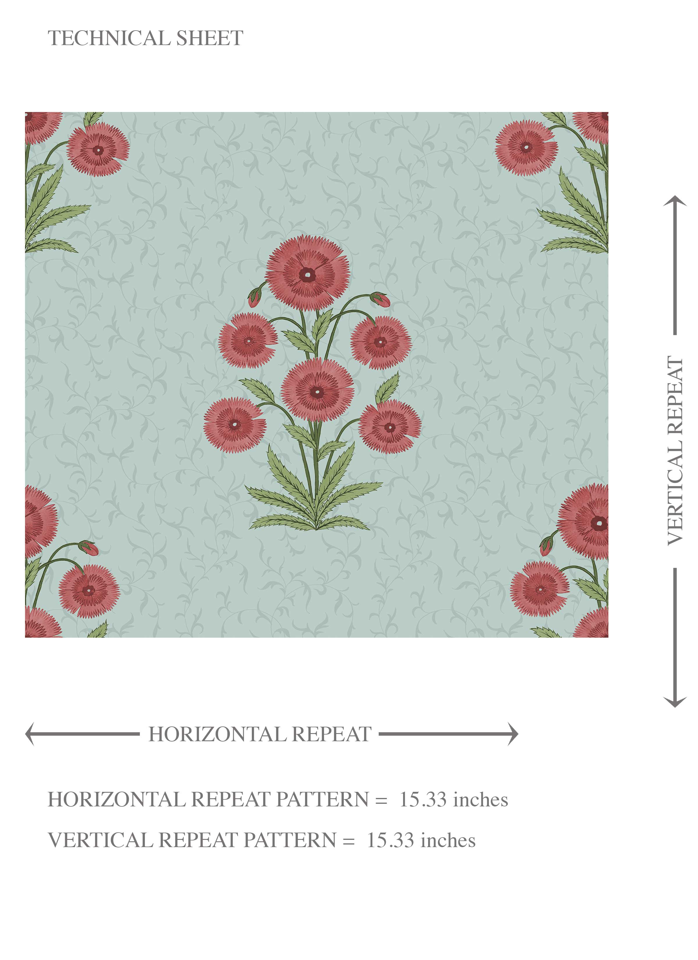 Botanical Floral Block Print Kids Room Wallpaper Sample (Blue/ Red-Pink/ Green)