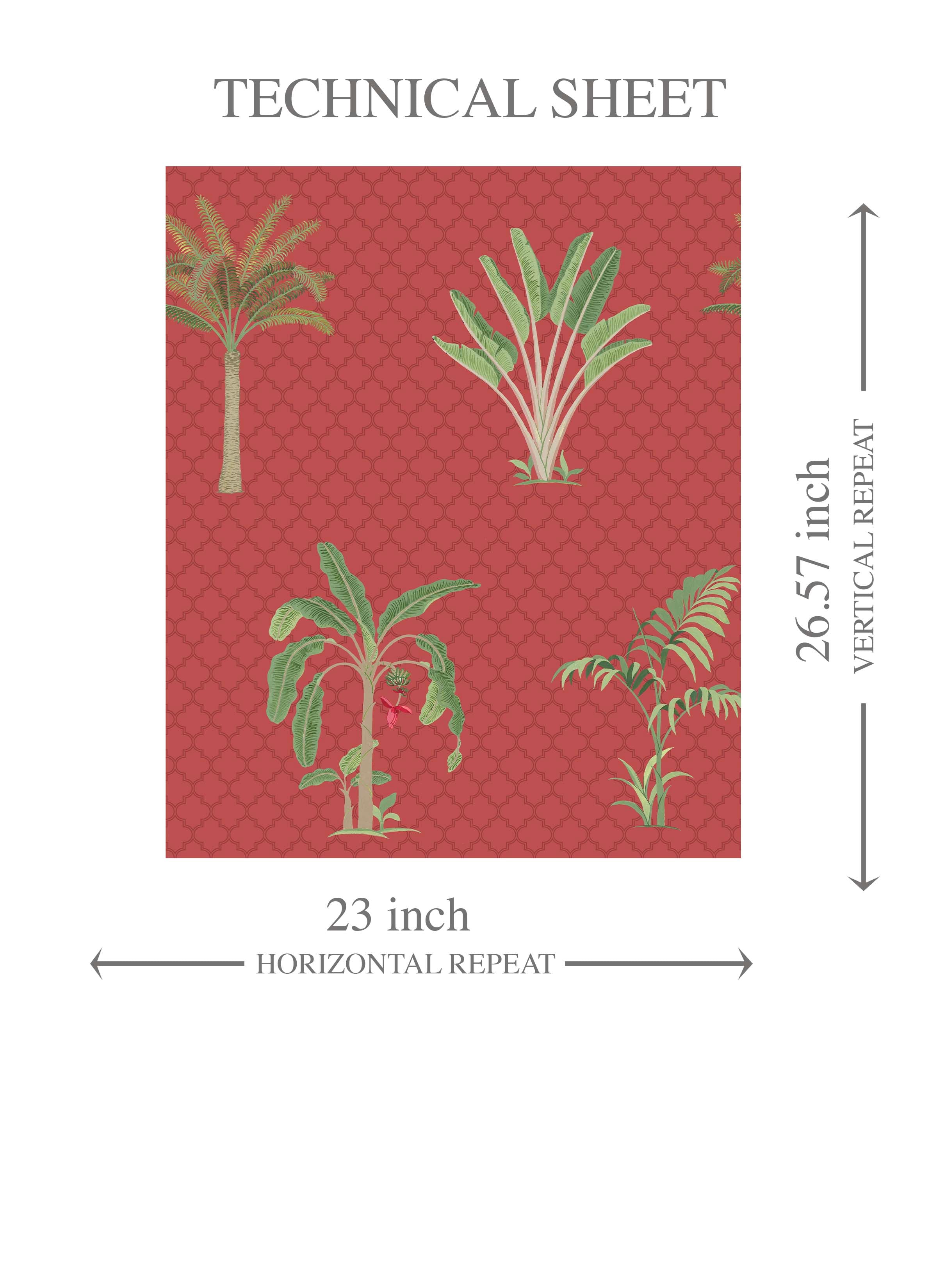 Botanical/ Floral Block Print Kids Room Wallpaper (Red-Orange Green)