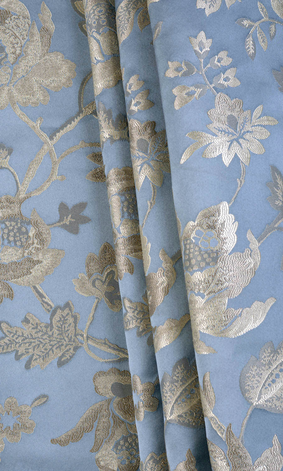 Floral Faux Silk Fabric Material By the Yard (Indigo Blue/ Greige)