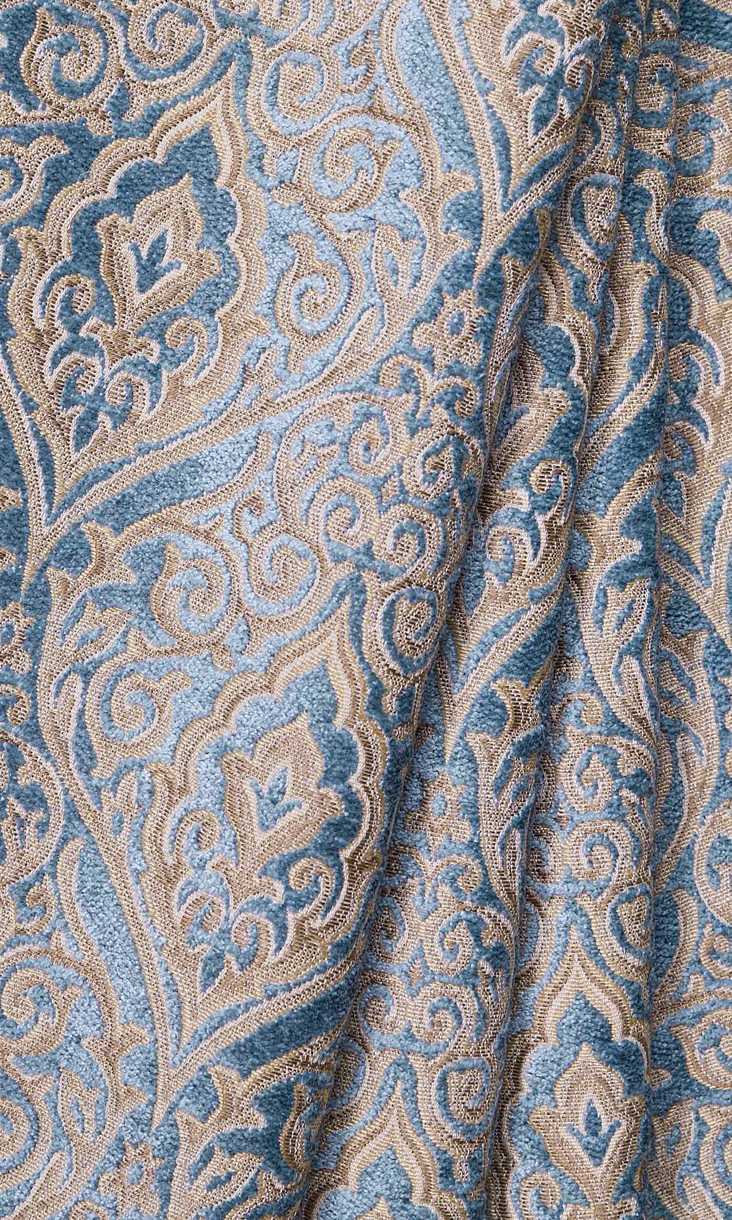 Damask Velvet Window Treatments Fabric Sample (Beige/ Blue)