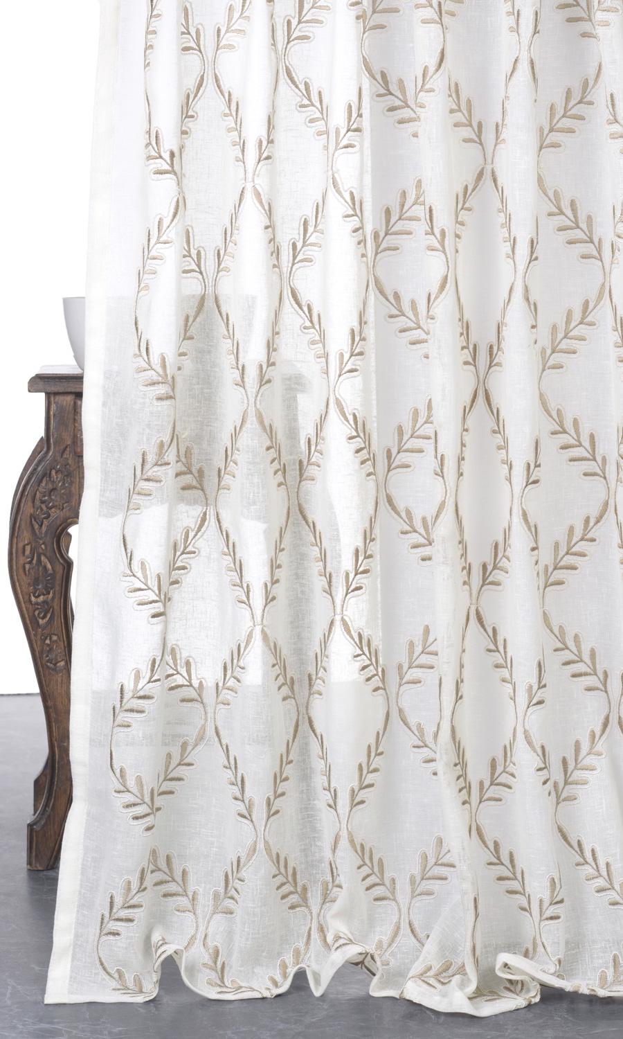 Sheer Floral Embroidered Home Décor Fabric By the Yard (White/ Brown)